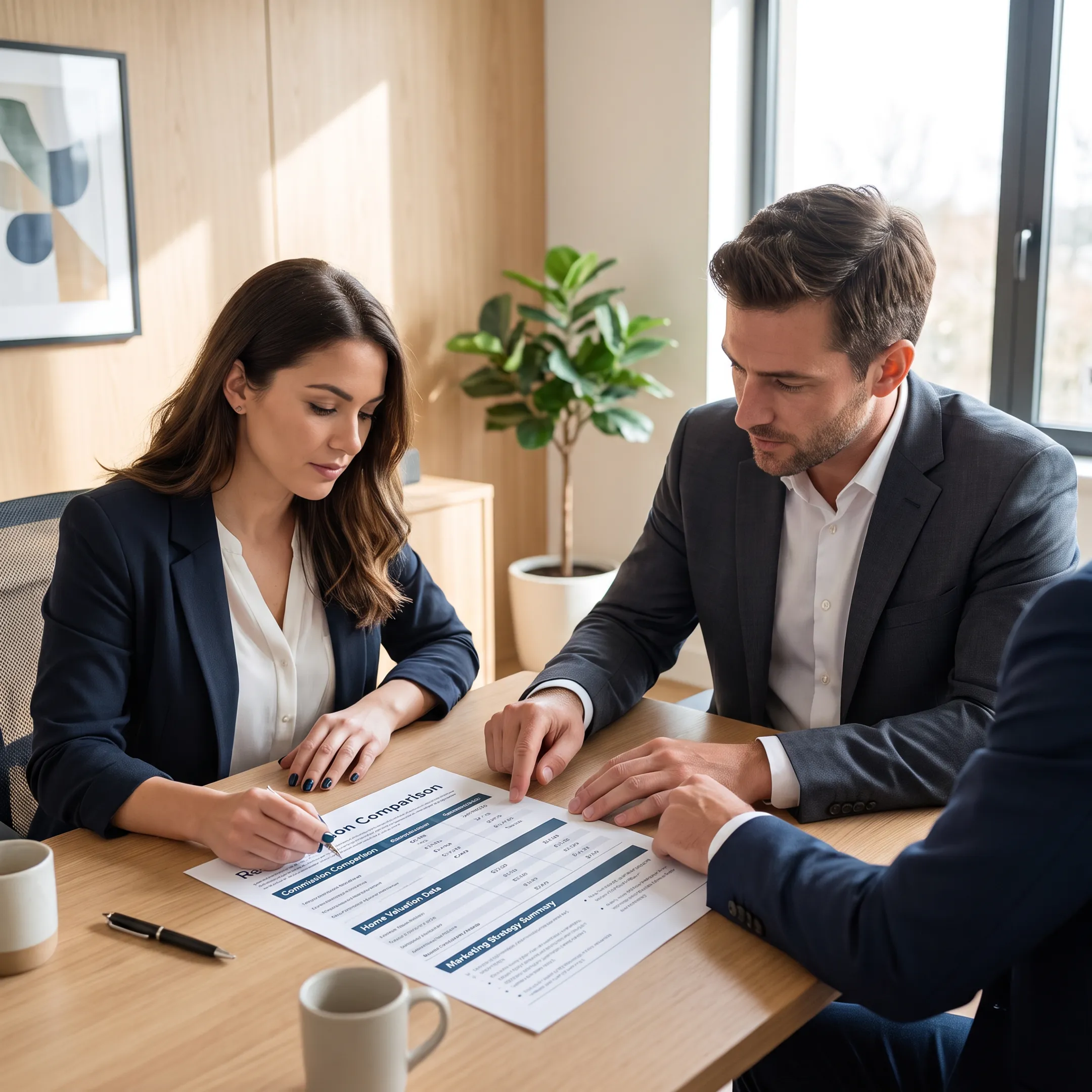 Realtor explaining commission and listing strategy to a homeowner