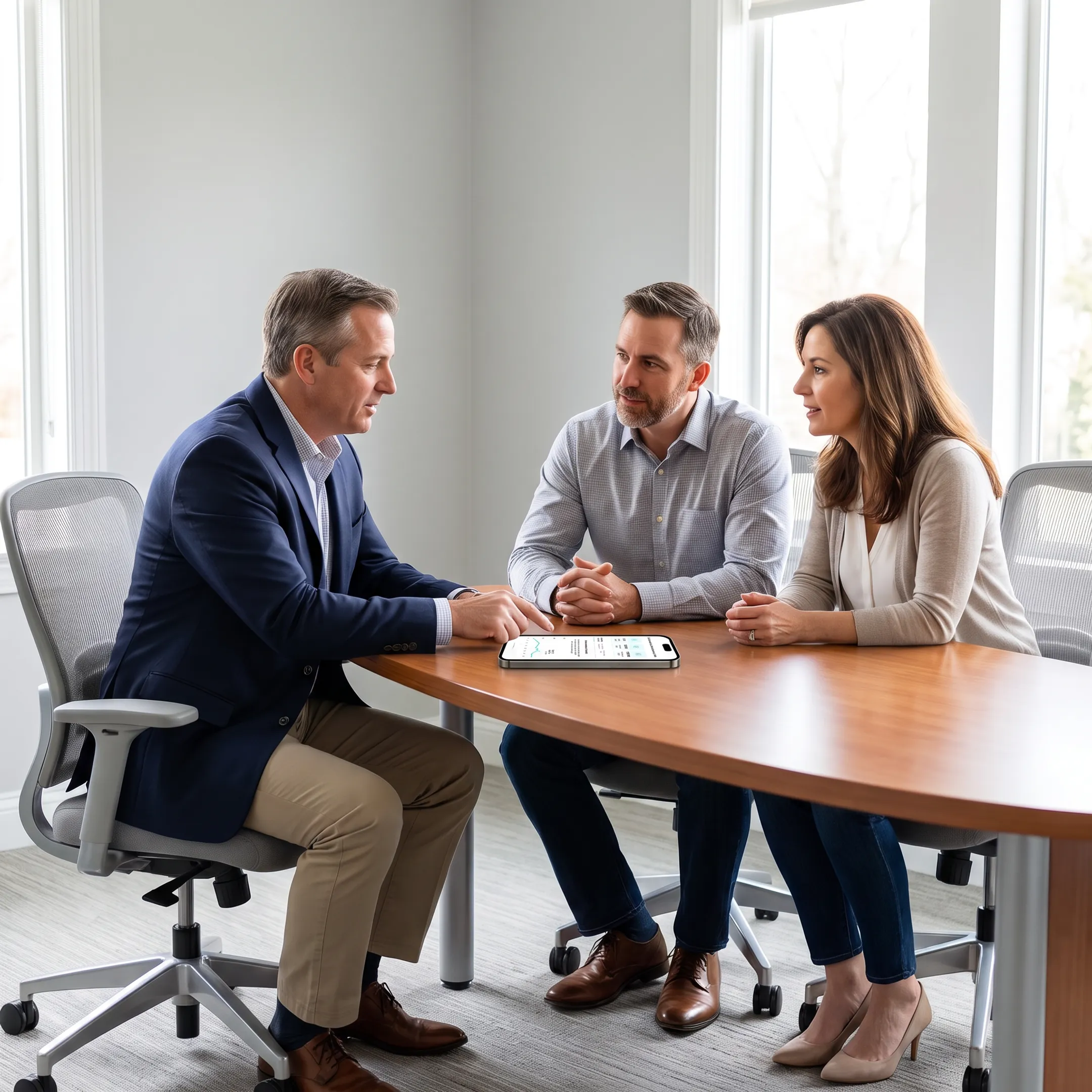 Homeowners discussing a move-up purchase with a real estate agent