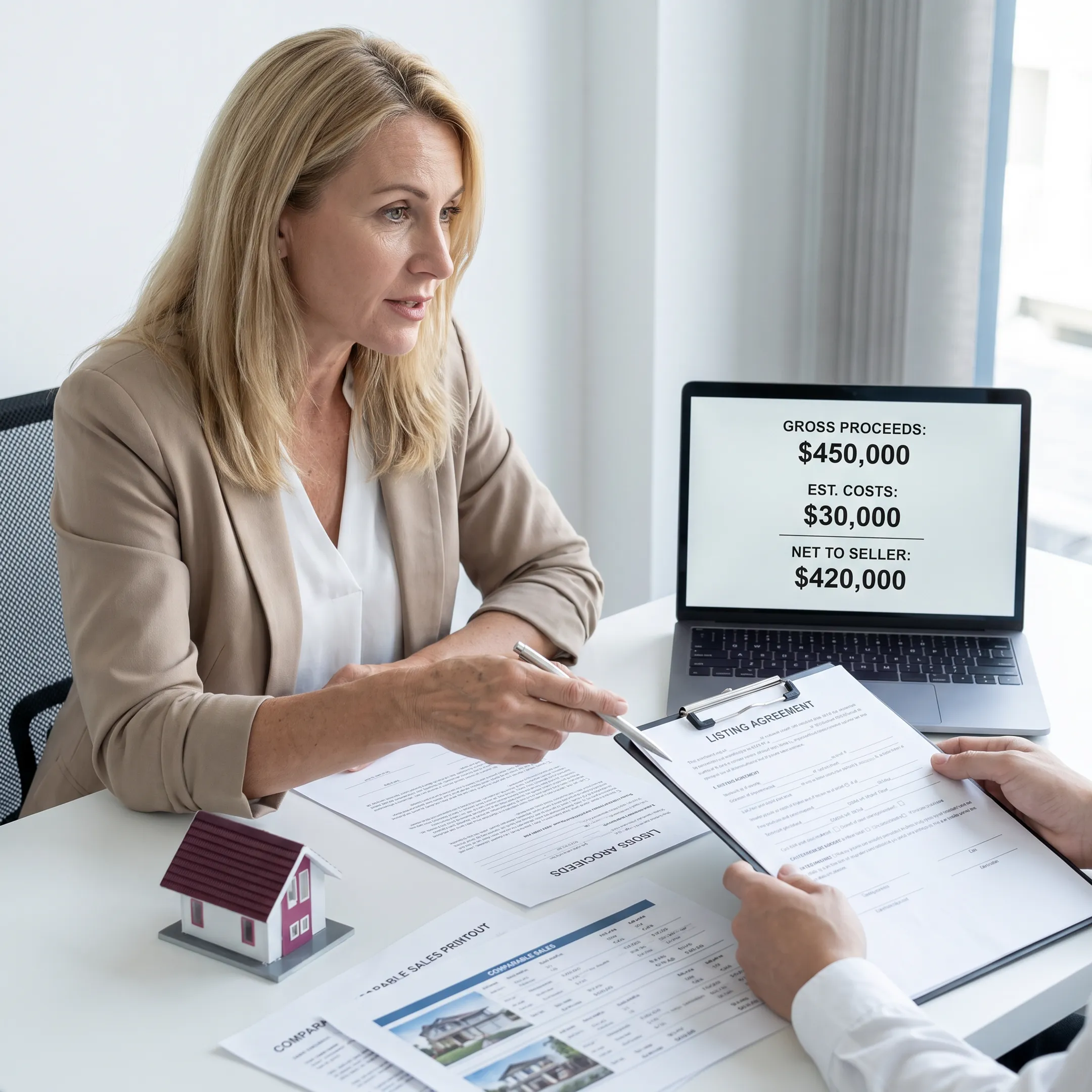 Real estate professional explaining estimated home sale proceeds to a homeowner