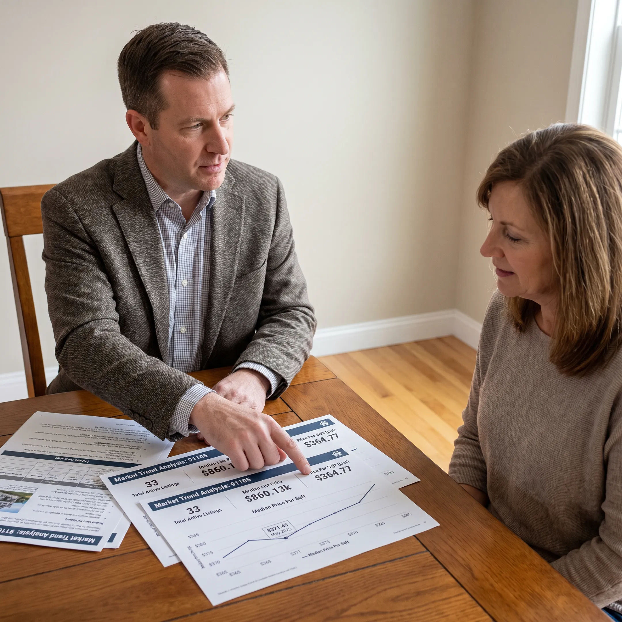 Agent presenting a property valuation and marketing plan