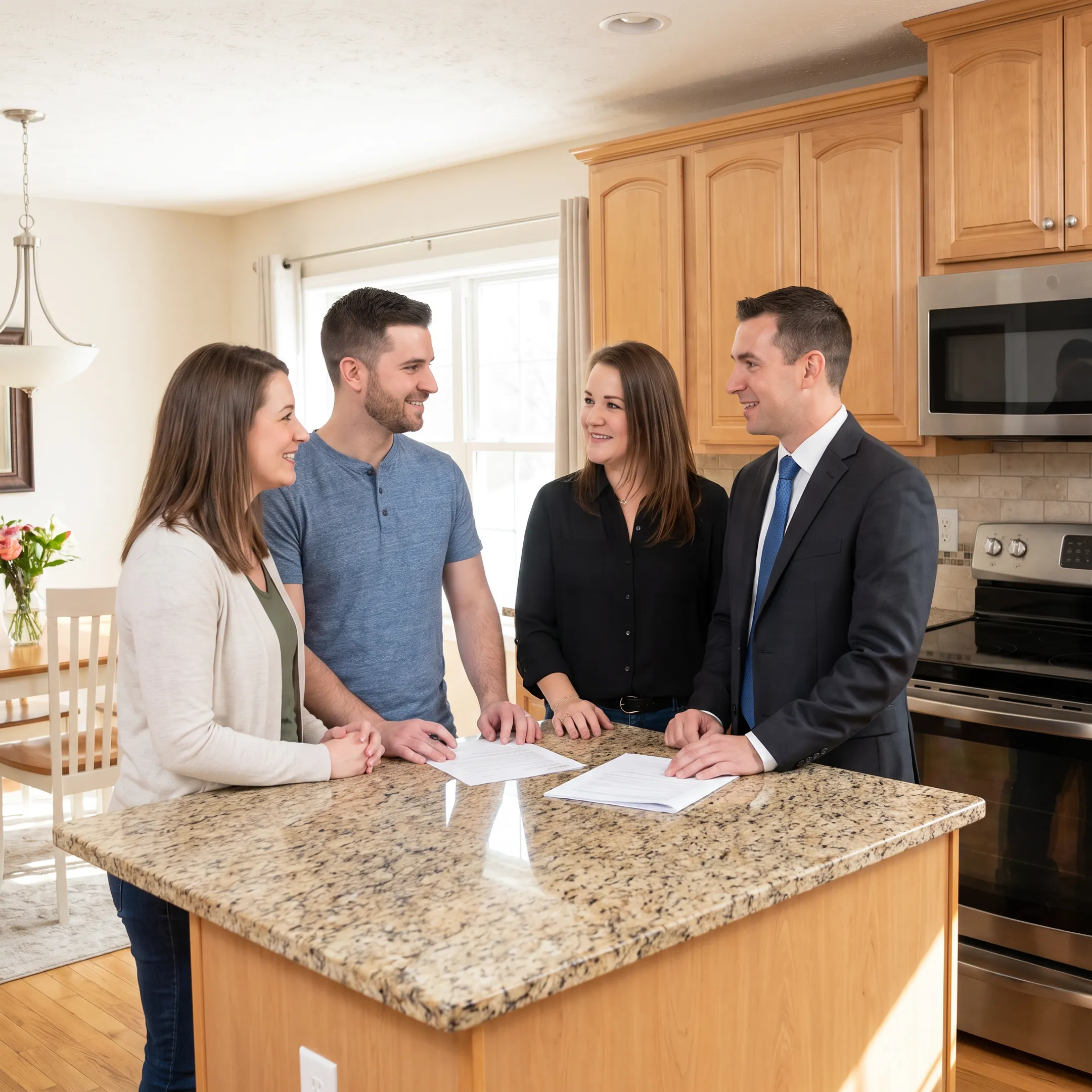 Real estate agents discussing a home purchase with clients in a Buffalo area home