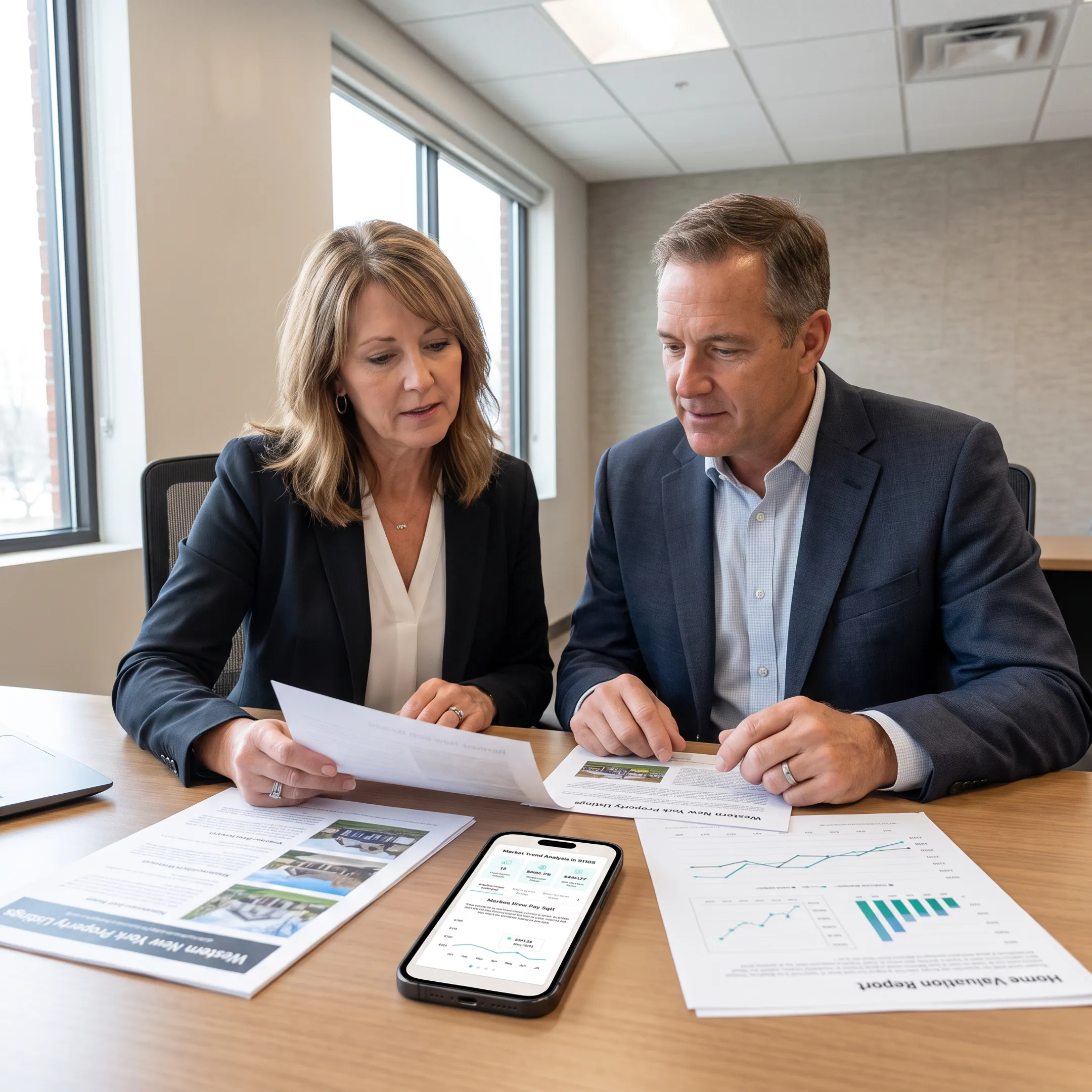 Agent reviewing Western New York home listings with a client