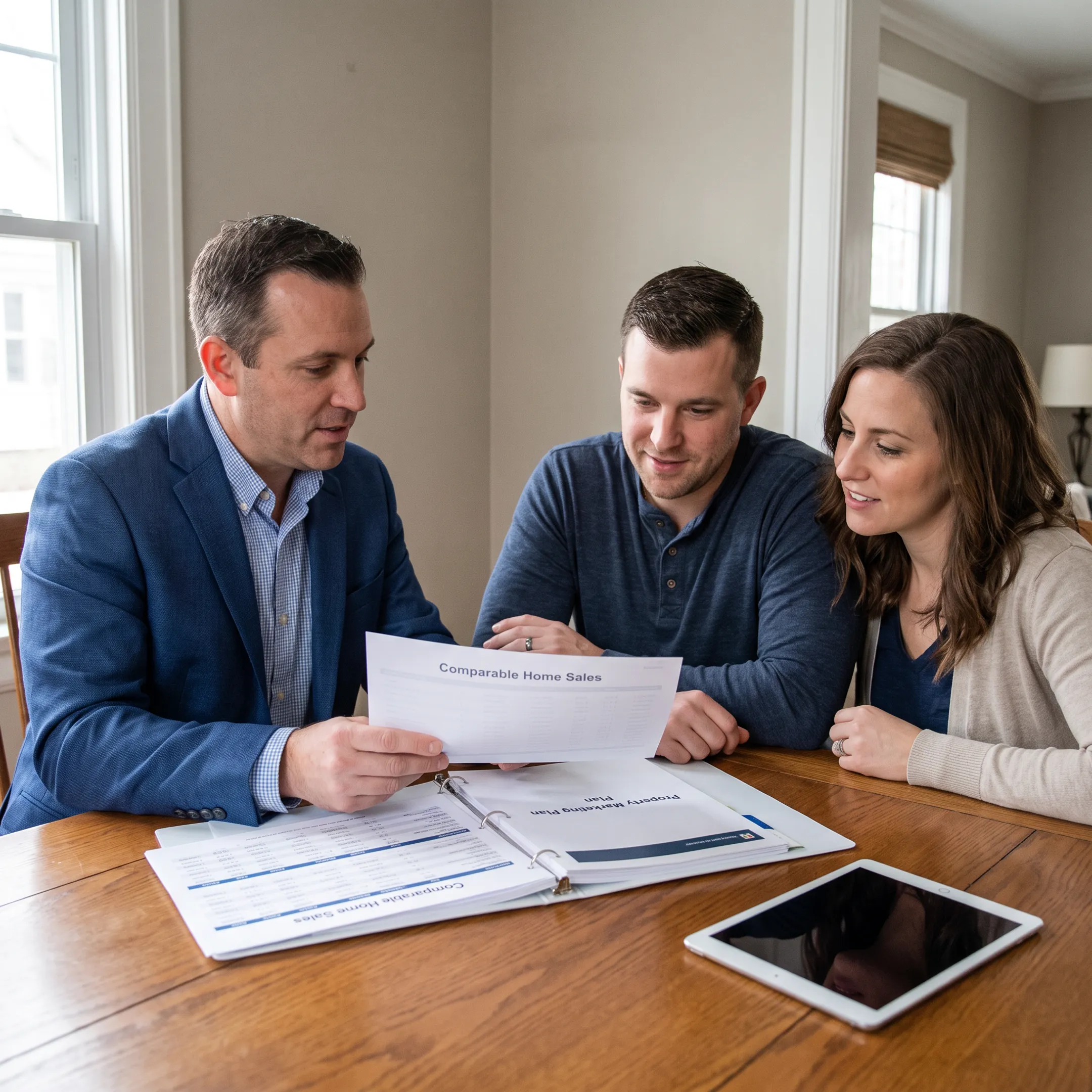 Agent presenting a home valuation and marketing plan to sellers
