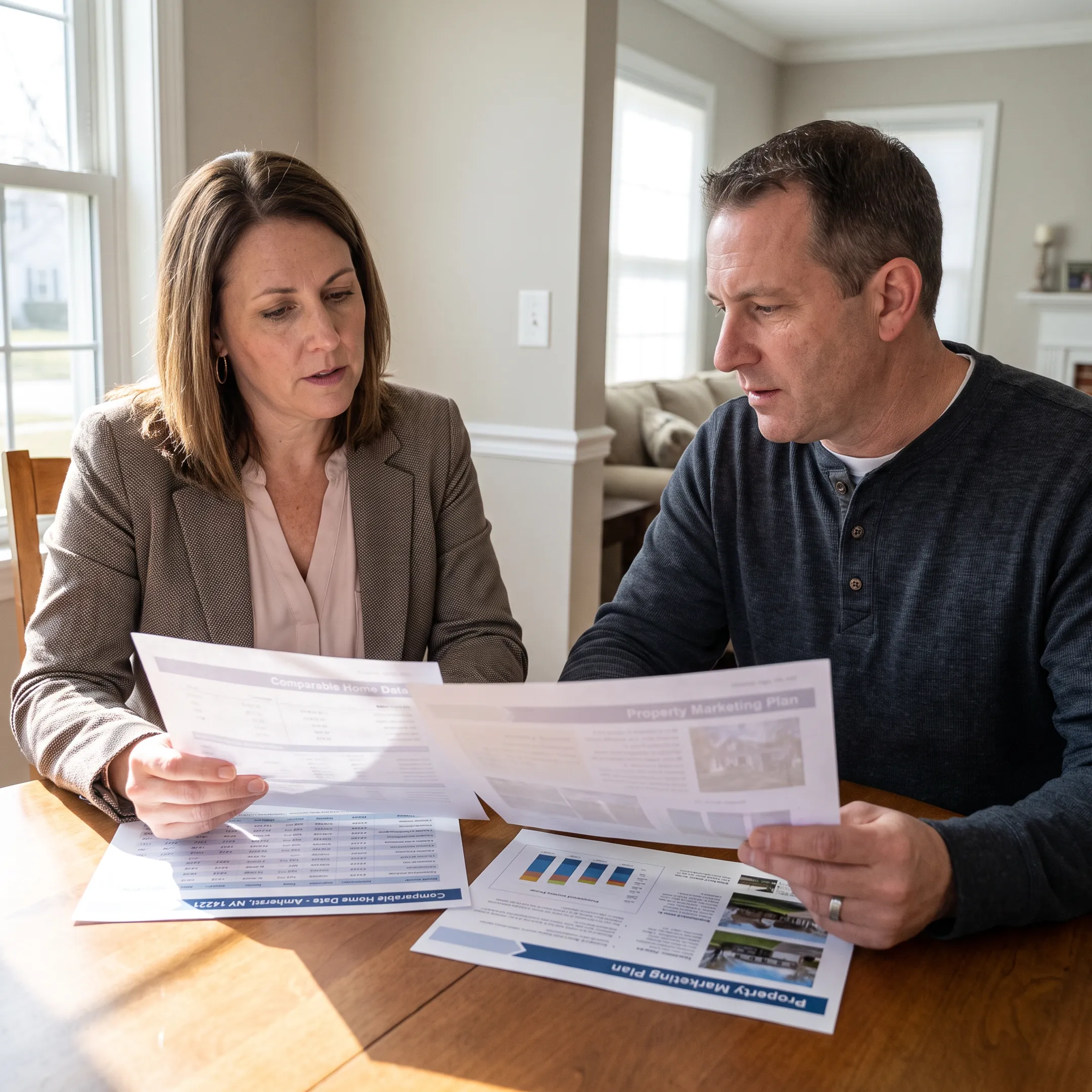 Agent presenting a home valuation and marketing plan to a homeowner
