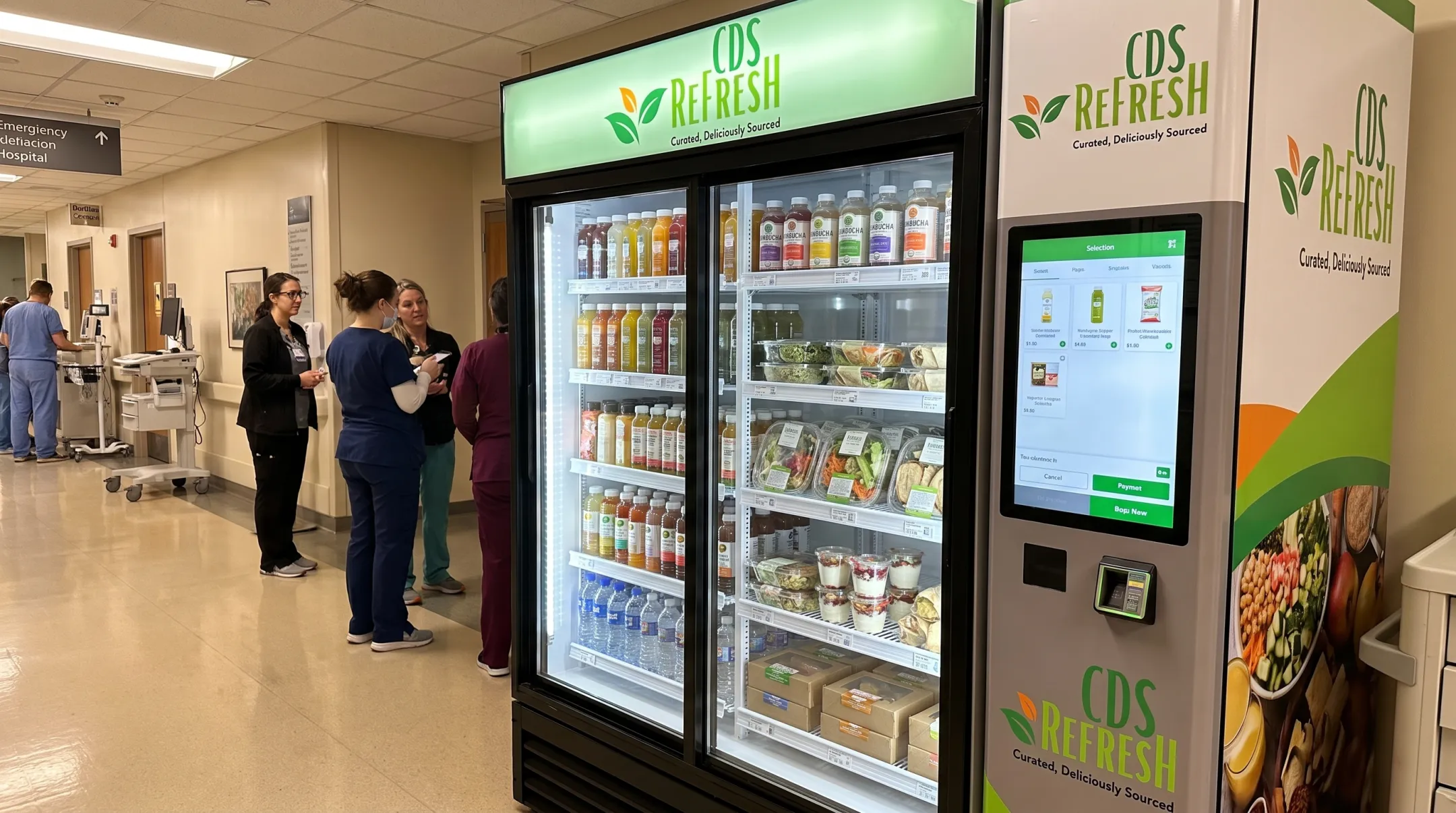 Smart cooler vending machine with glass door in hospital corridor