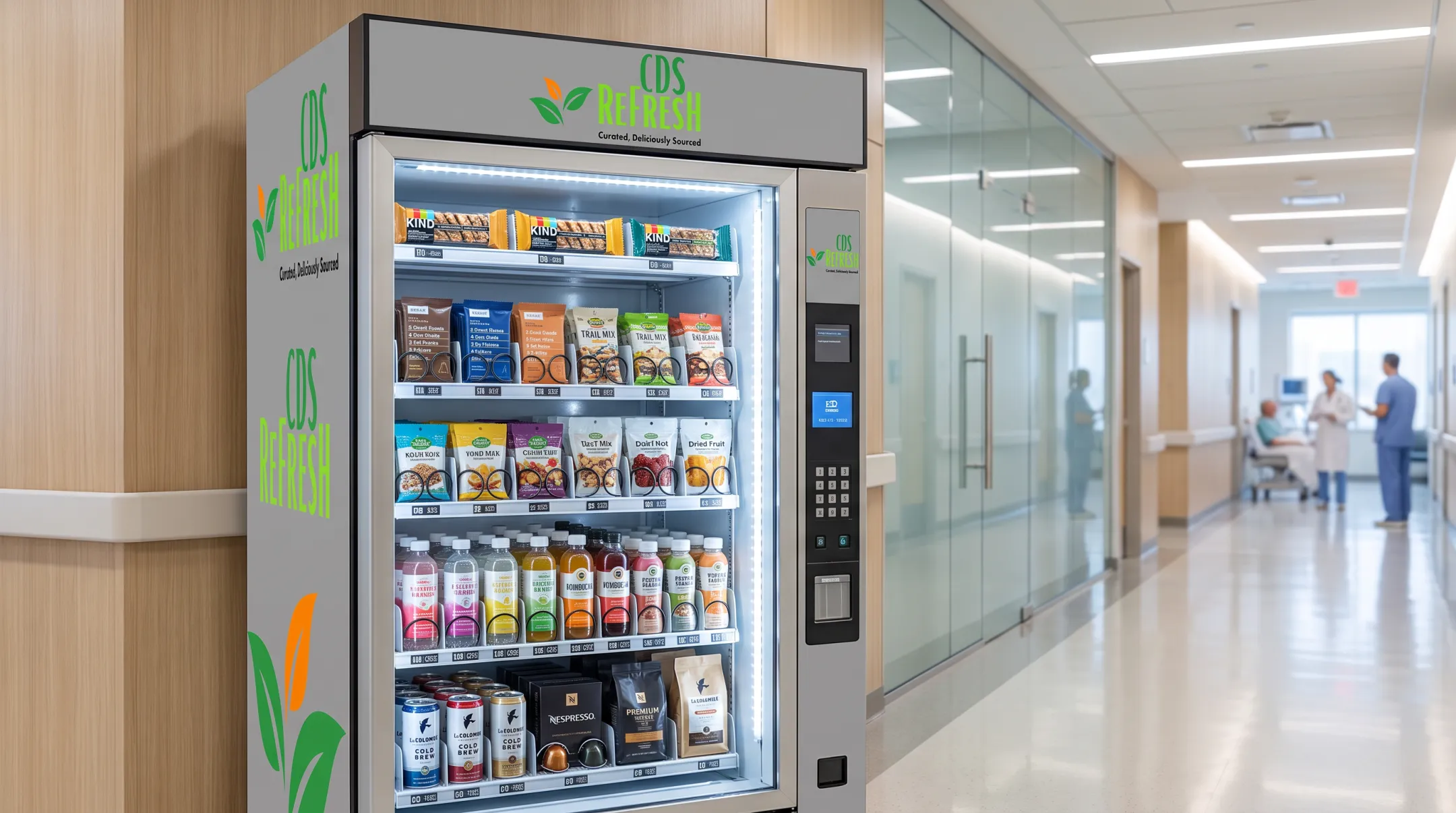 Healthy hospital vending machine stocked with snacks and beverages