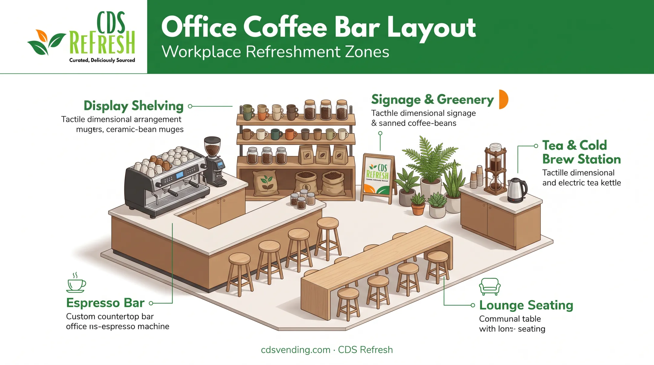 Large office coffee bar layout with lounge seating and multiple stations