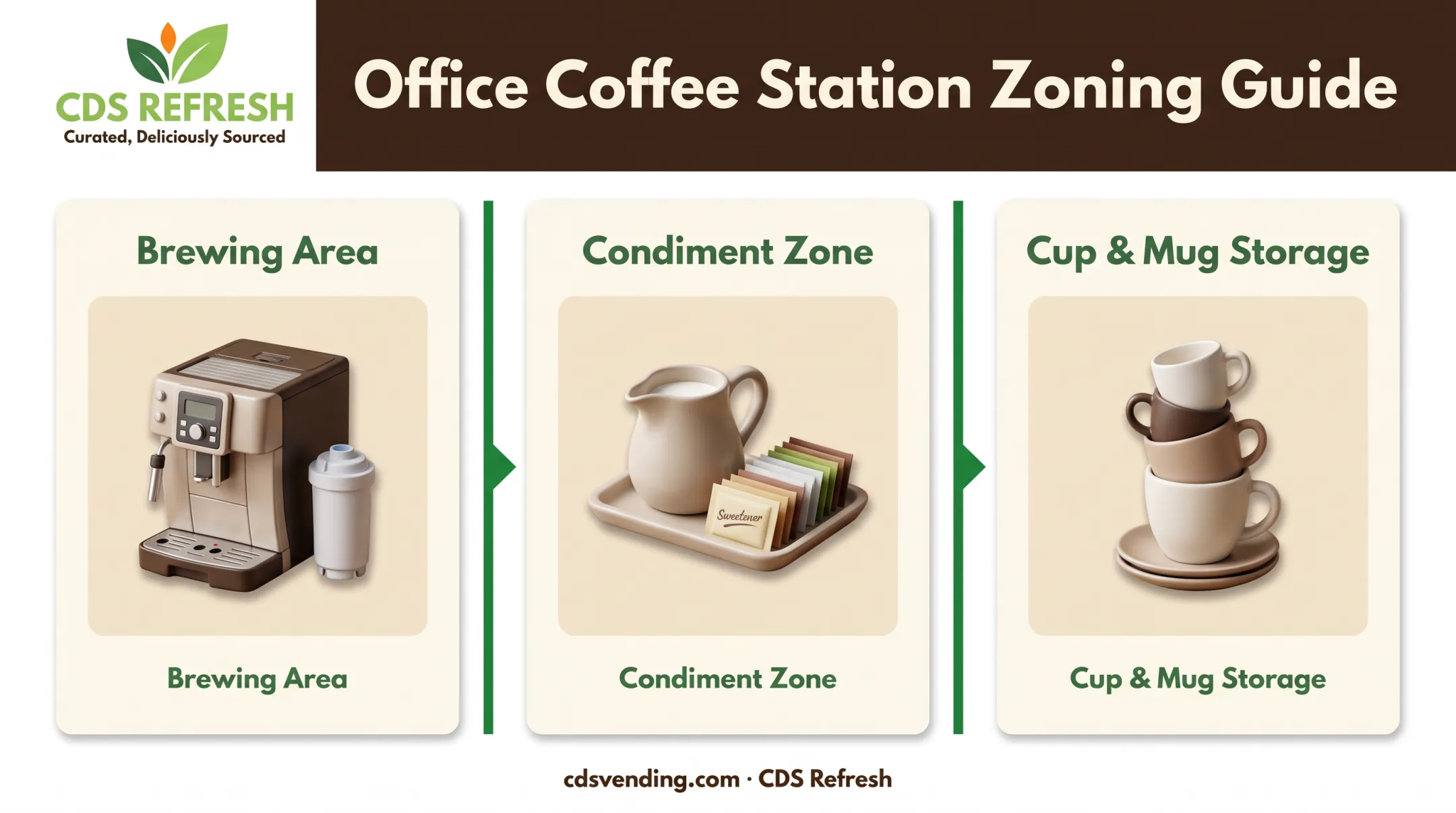 Three-zone coffee station layout for brewing condiments and cup storage