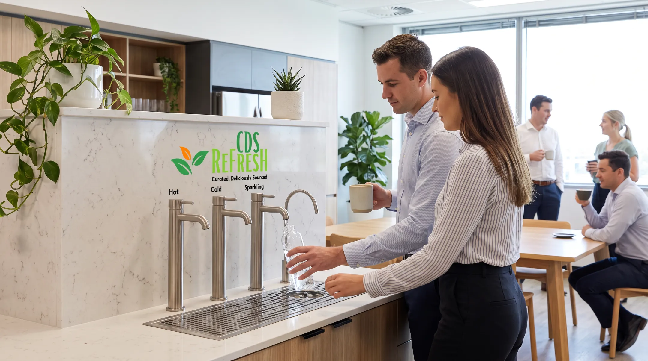 Workplace break room filtered water dispenser with hot cold and sparkling options