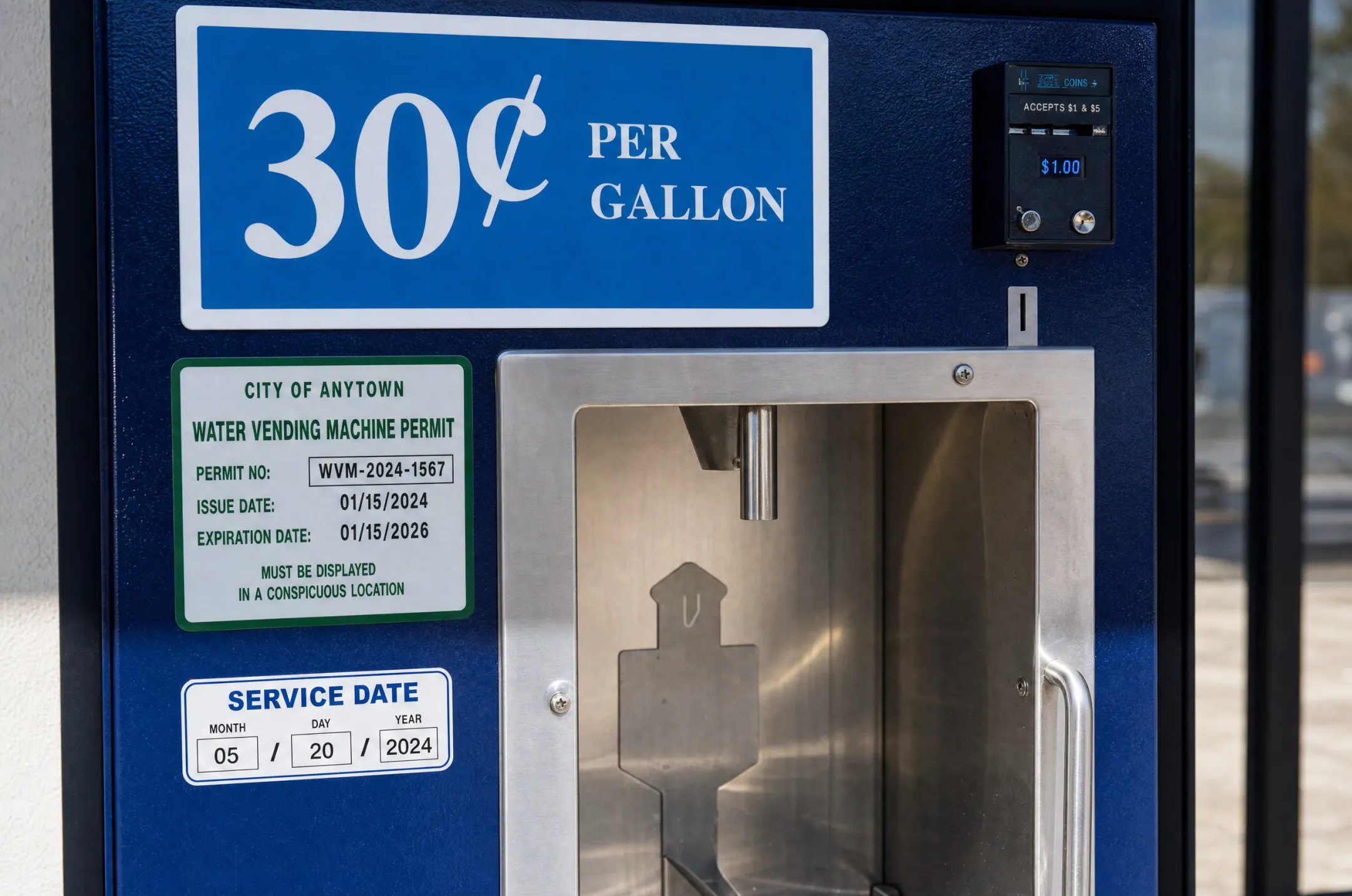Water vending machine license and service sticker close-up on kiosk