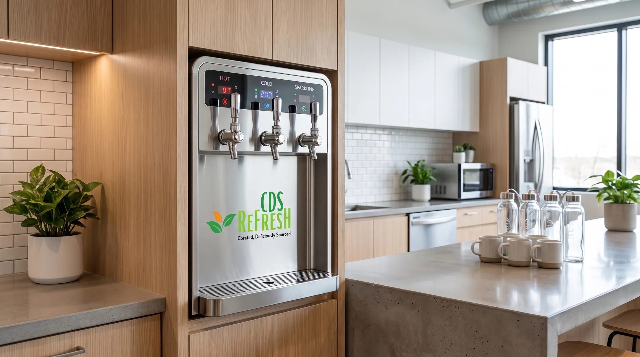 Direct-connect office water filtration system installed in workplace break room