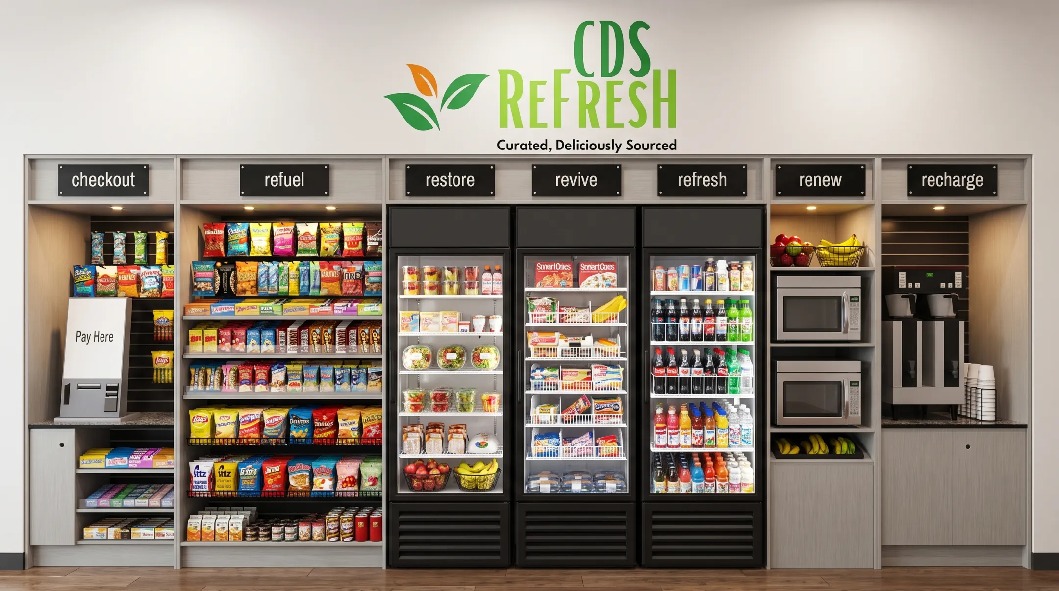 Stocked office break room snack shelves with variety of healthy options