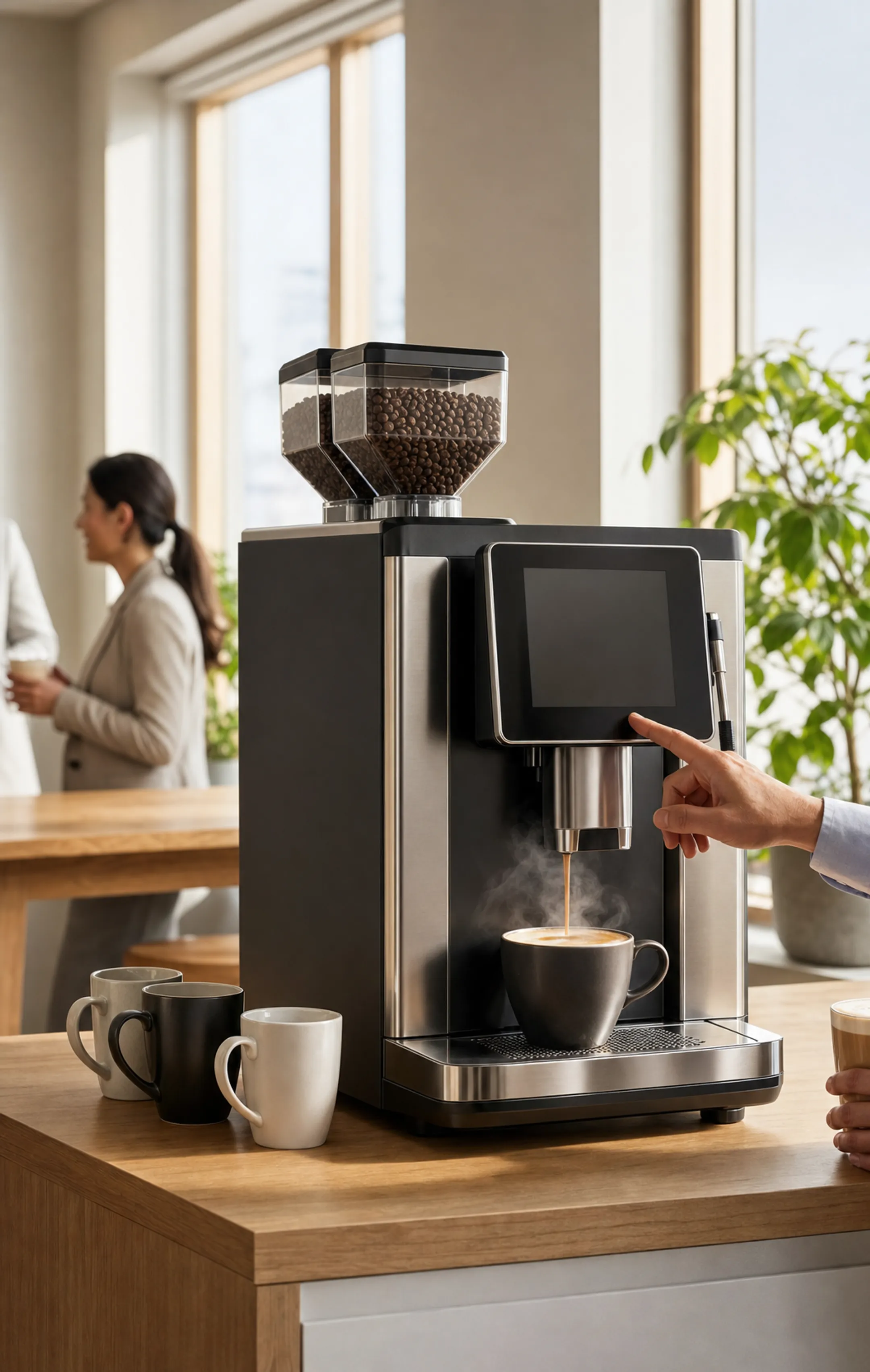 Premium office coffee machine dispensing espresso and specialty drinks