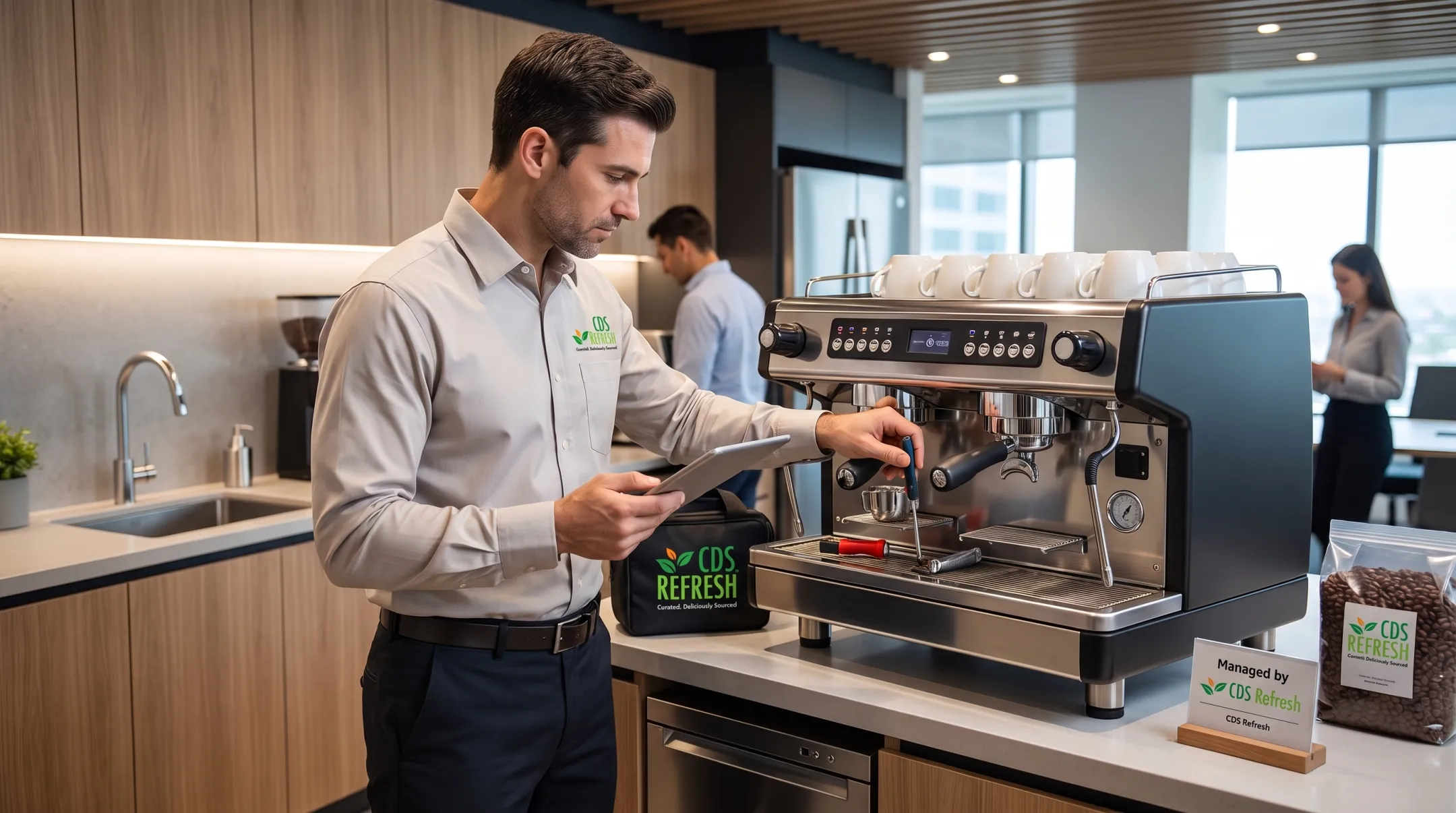 CDS Refresh technician servicing office break room espresso machine