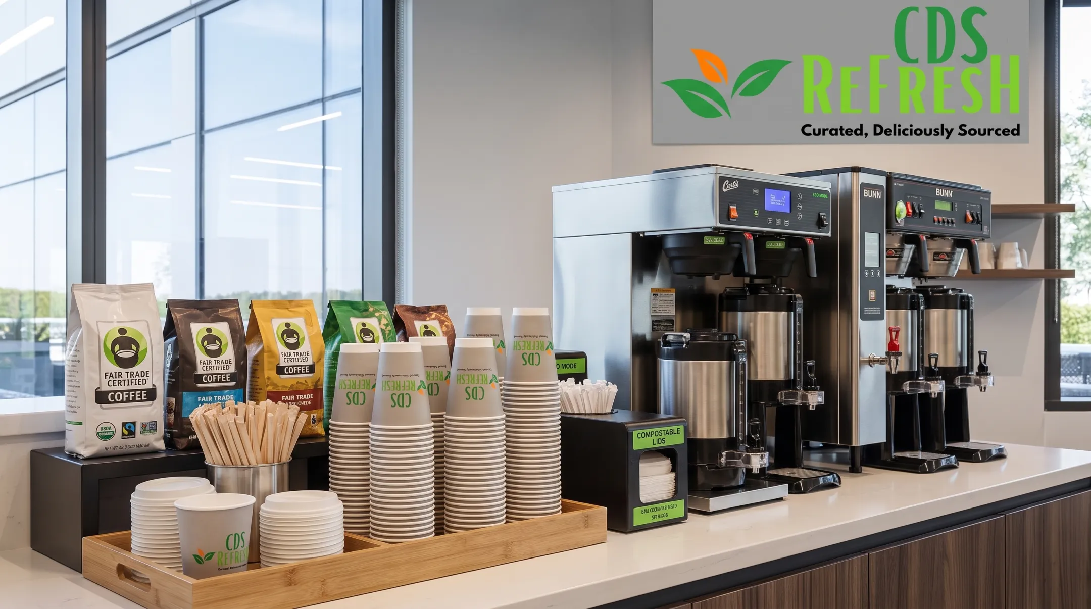 Office break room coffee station with sustainable brewing equipment