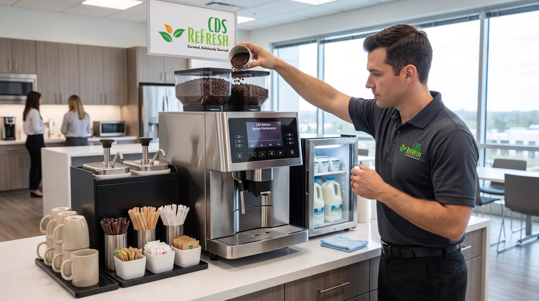 Managed office coffee service technician restocking commercial coffee machine