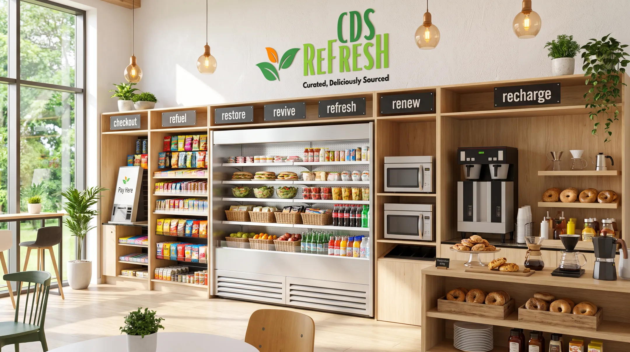 Micro market open shelving layout with zoned coffee and snack stations