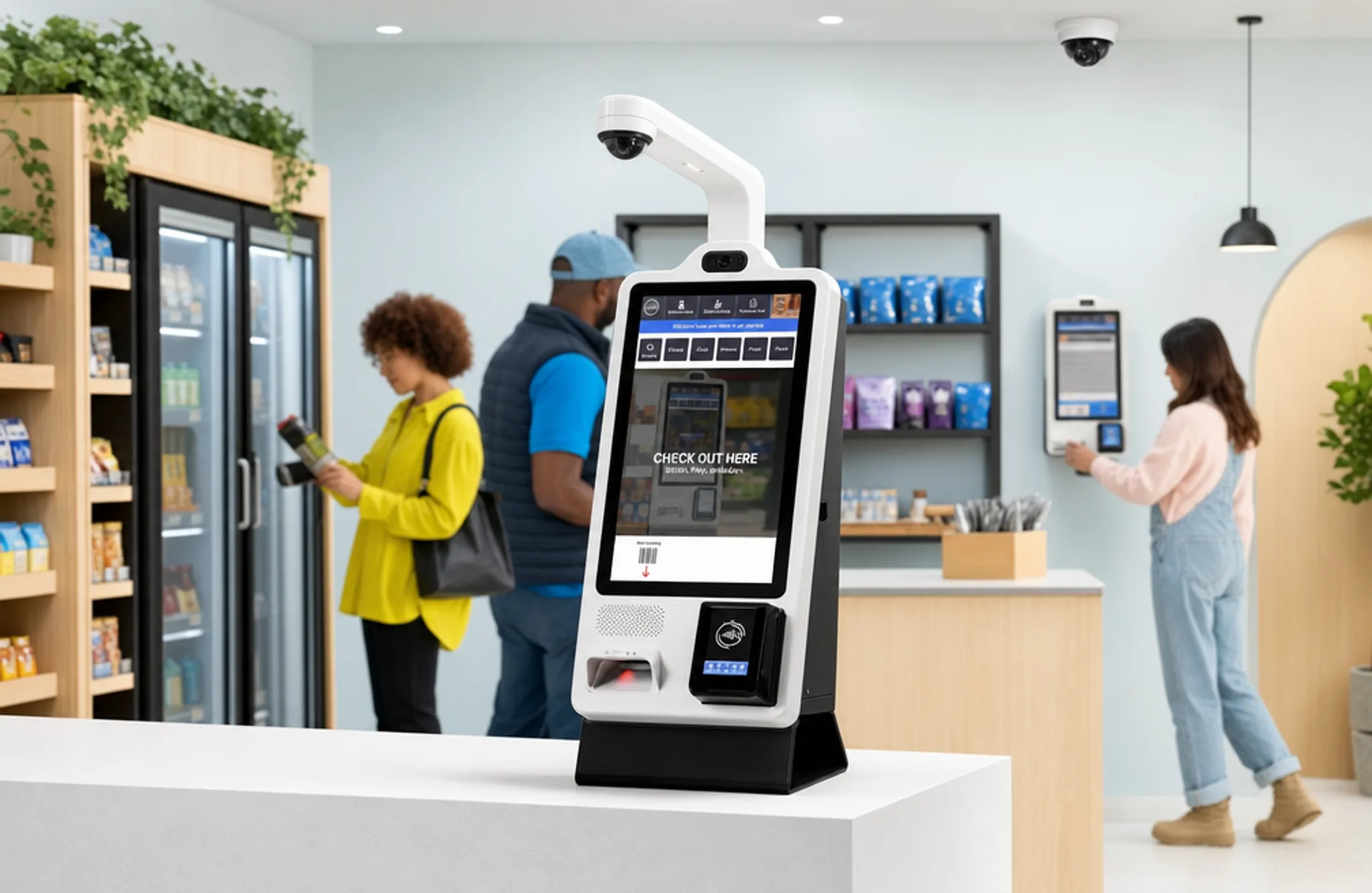 Security camera monitoring open-shelf self-checkout retail market area