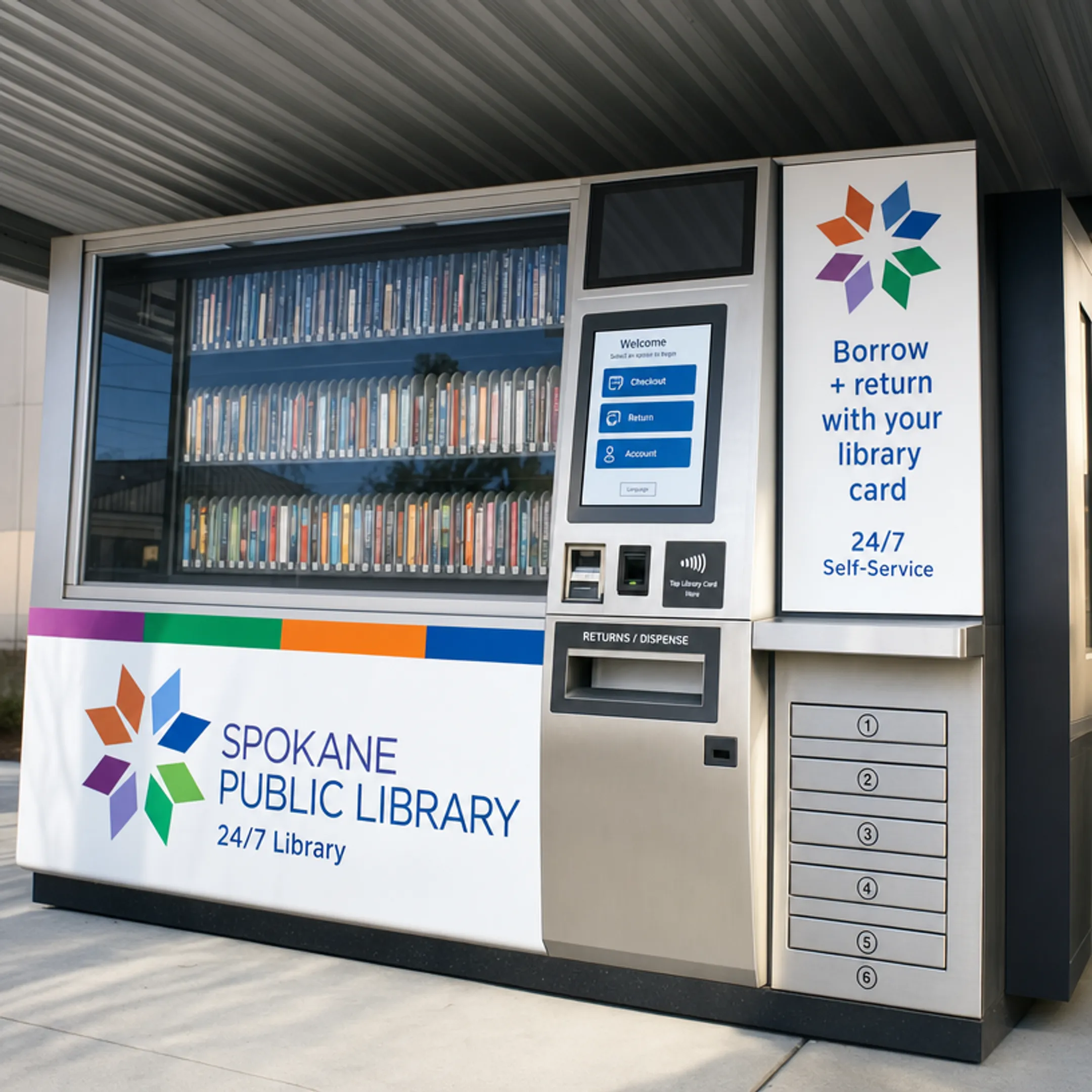 Automated book vending kiosk dispensing titles in public library setting