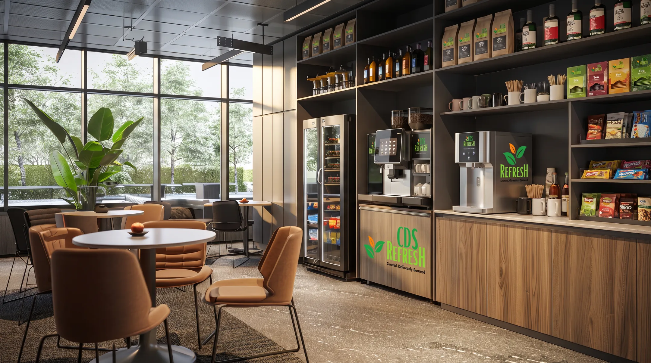 Modern office beverage station with commercial coffee machines and water cooler