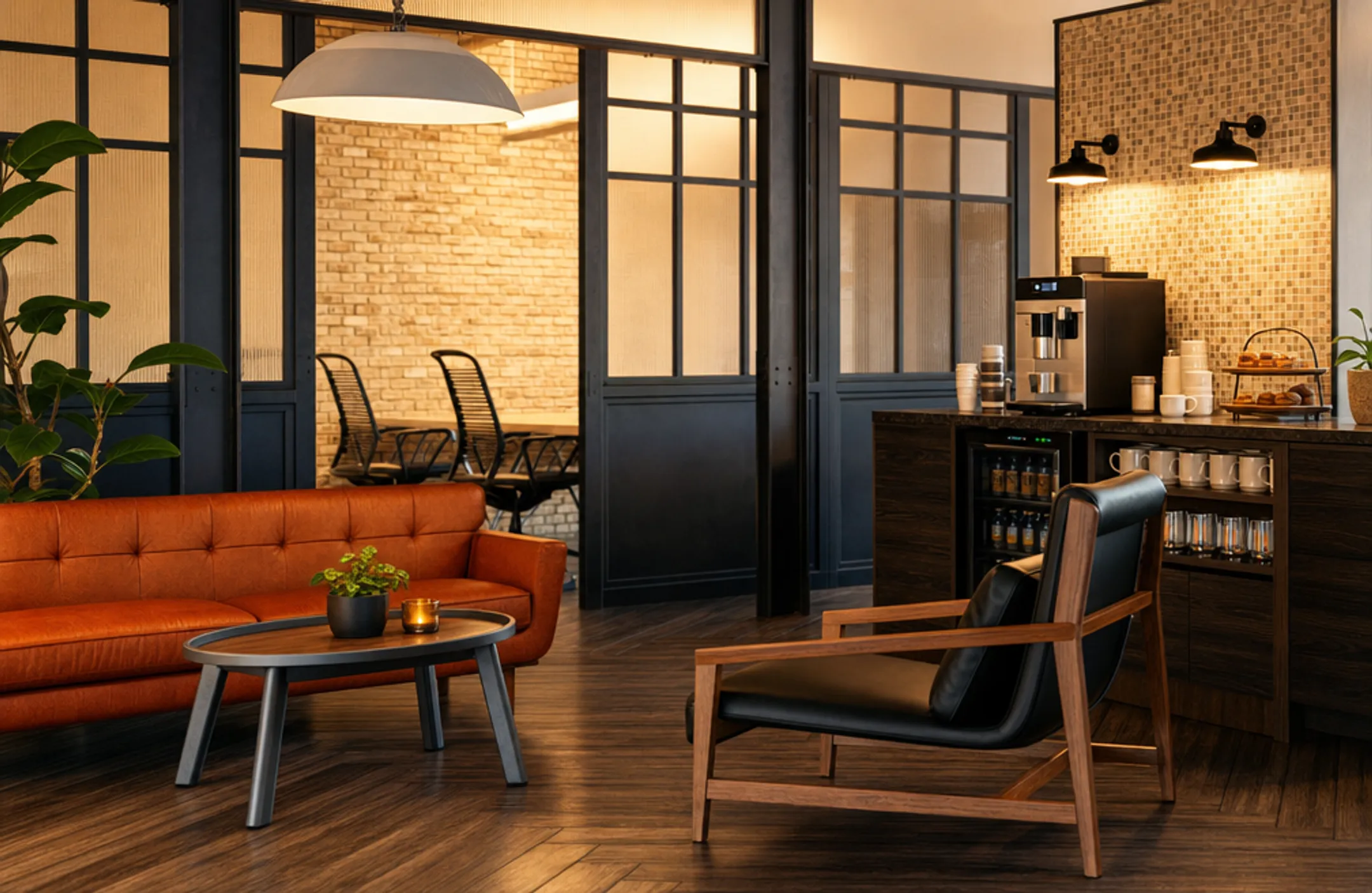 Resimercial break room design blending residential comfort with office functionality