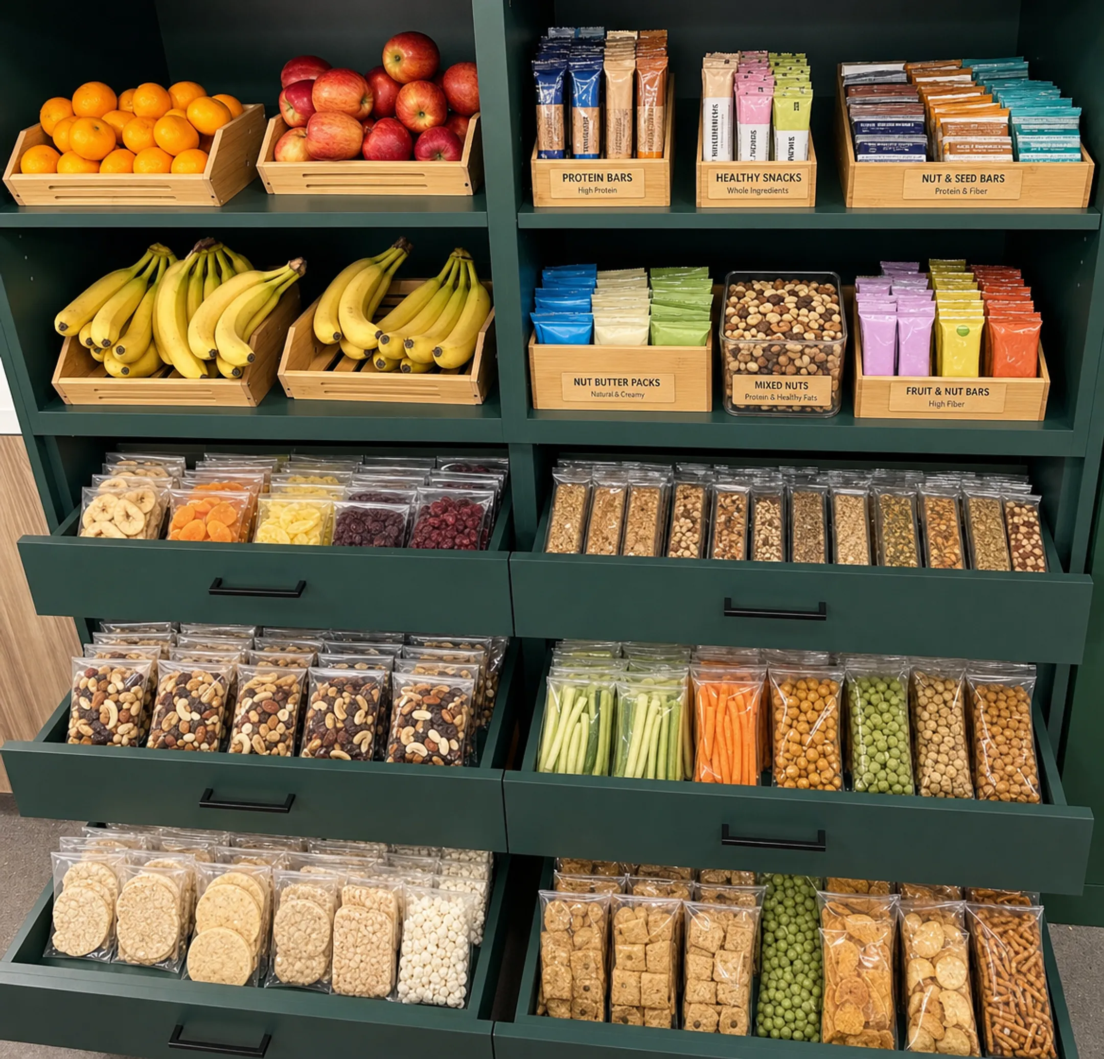 Healthy office snack spread with fresh fruit and protein bars