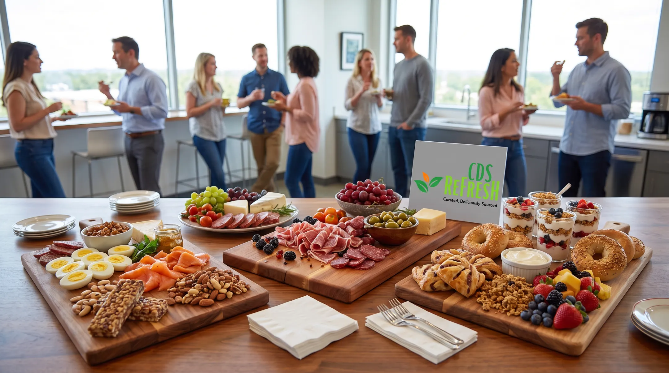 CDS Refresh catering spread with charcuterie cheese and breakfast boards