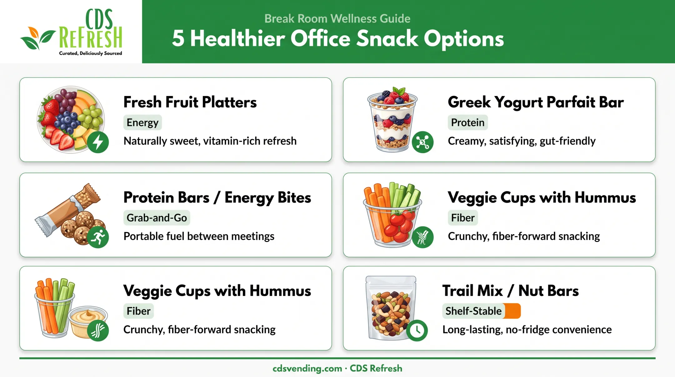 Five better-for-you office snack options with icons and benefits