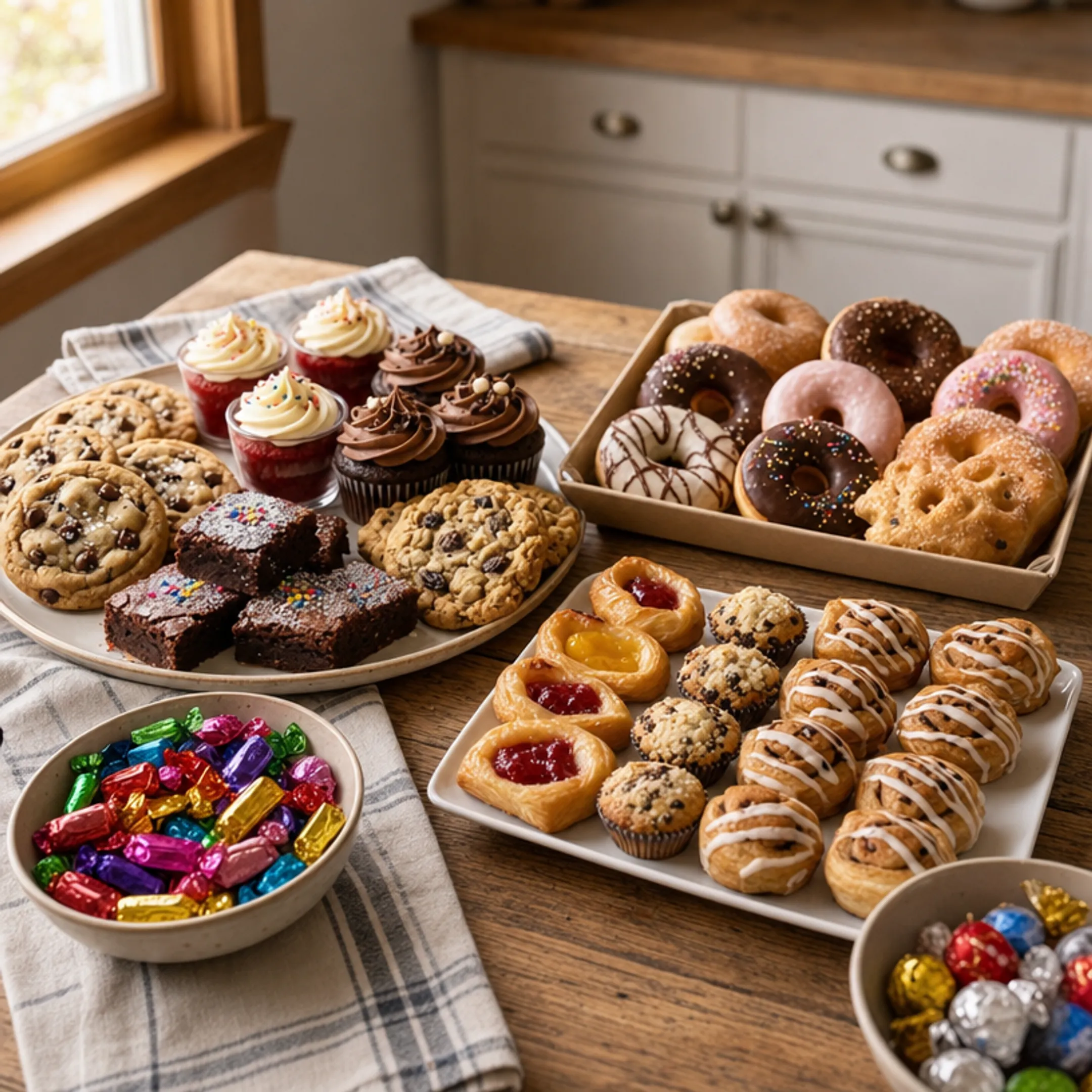 Assorted office bakery treats including cookies donuts and candy bowls