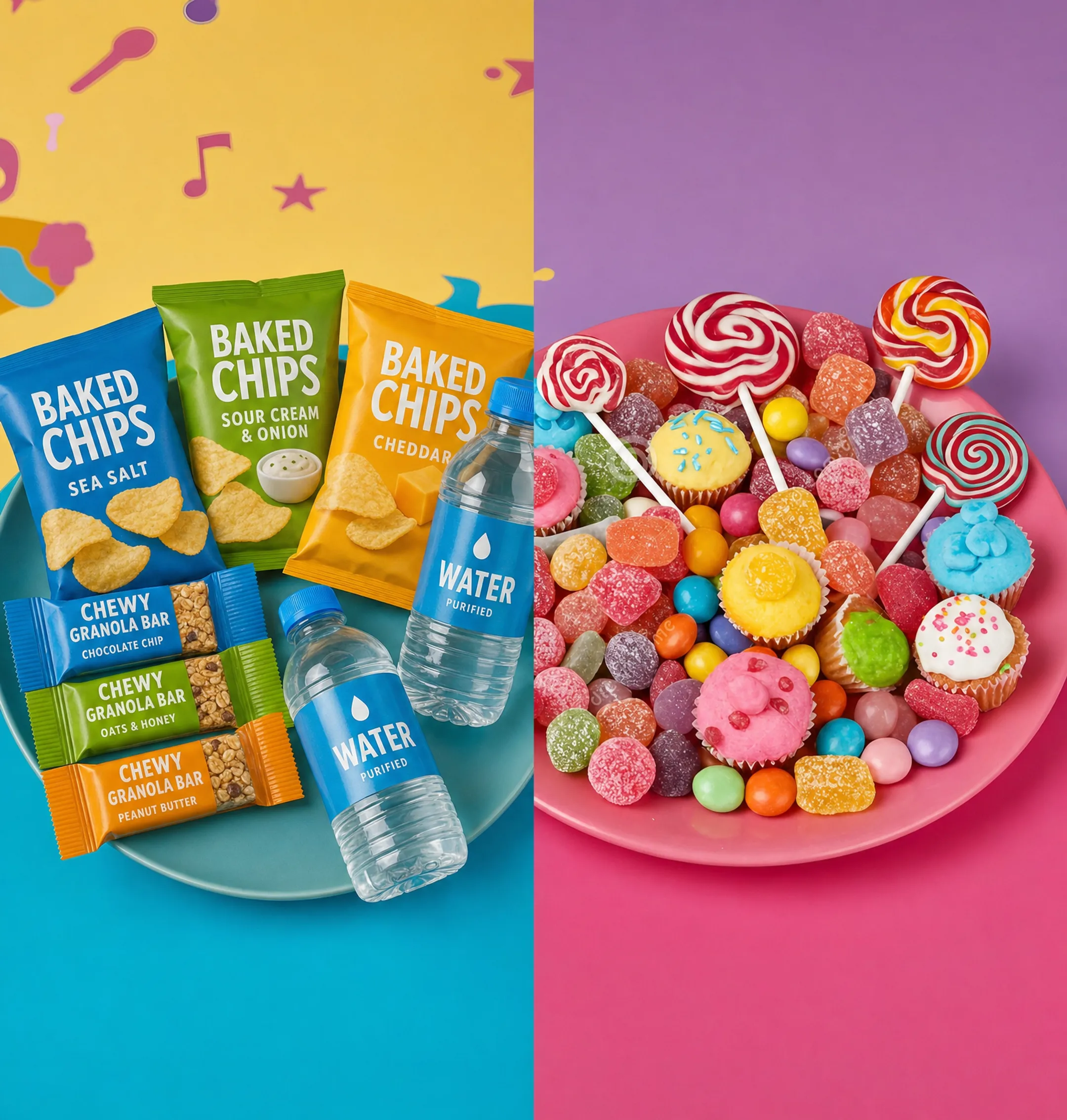 Assortment of compliant versus non-compliant school vending snack products