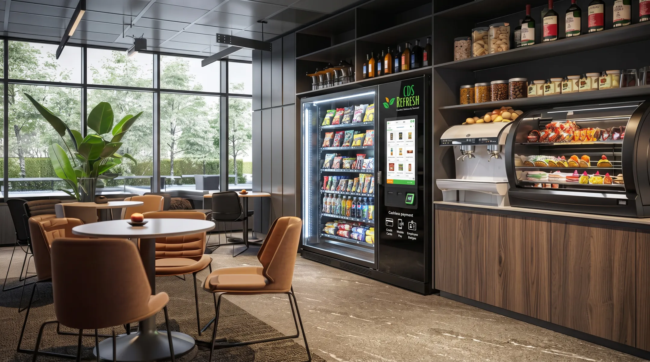 Compact AI-enabled smart cooler with glass front in office break room