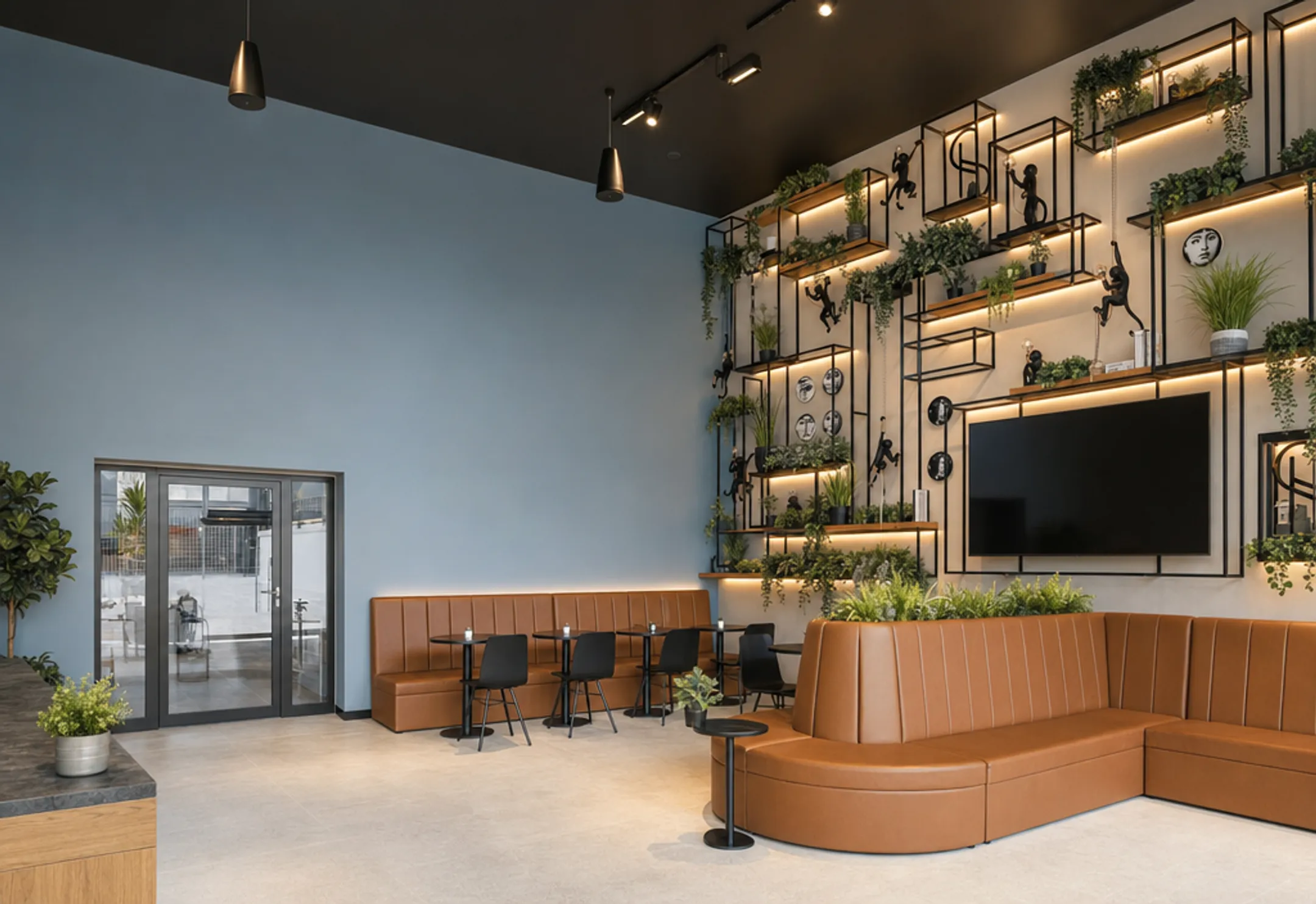 Break room with layered LED lighting and calming blue accent wall decor