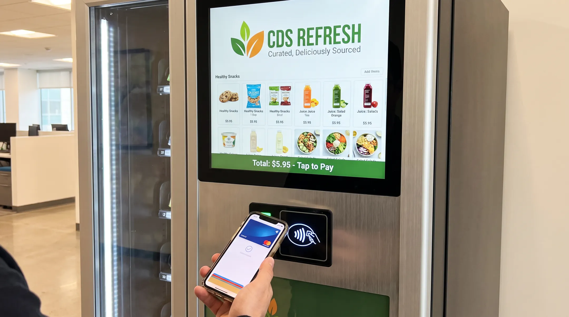 Employee using cashless mobile payment on smart vending machine touchscreen