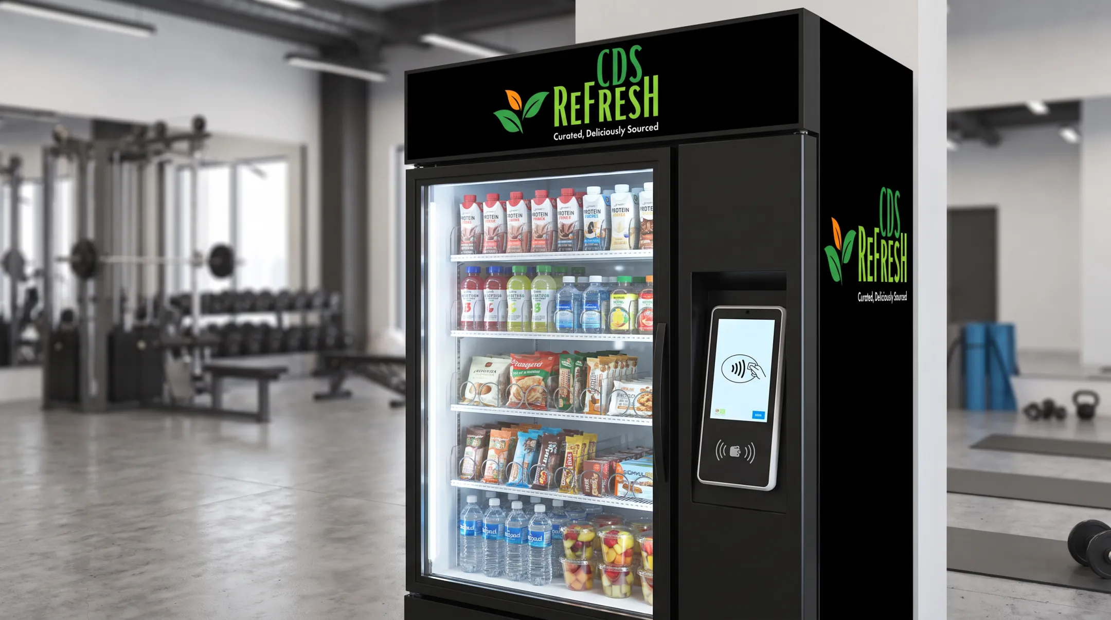 CDS Vending smart cooler with cashless payment in gym setting