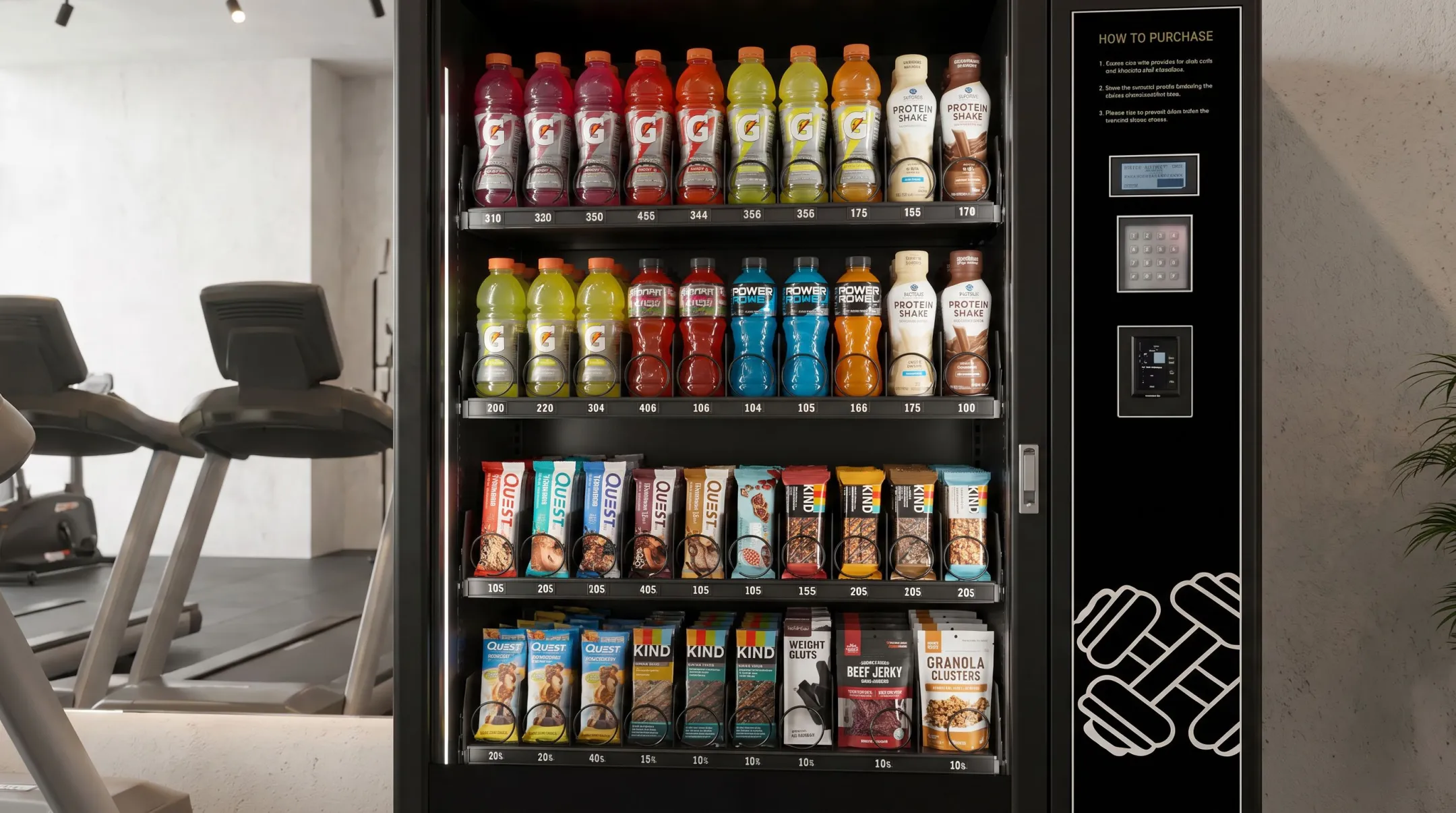 Assortment of sports drinks protein bars and recovery snacks display