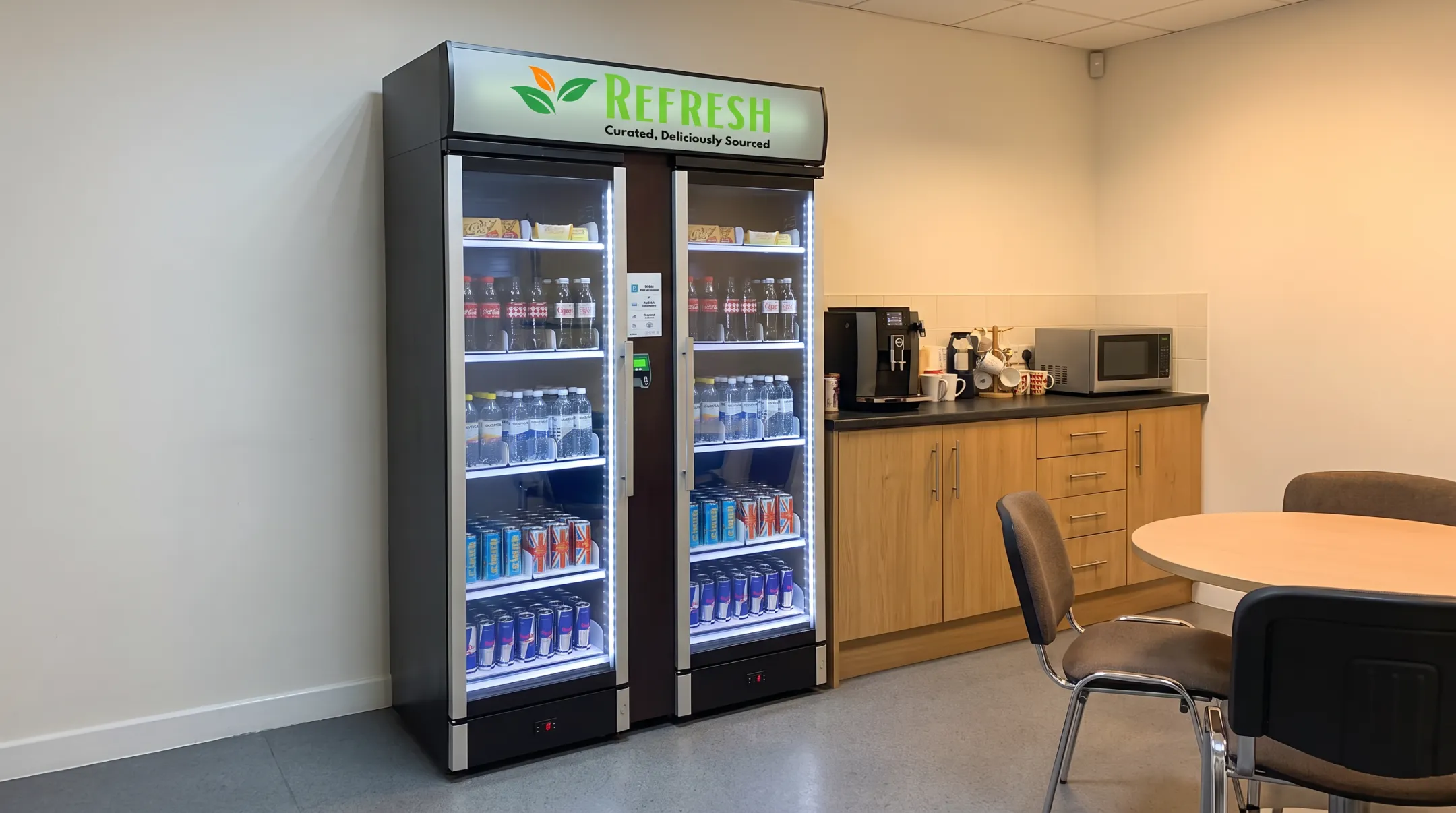 Compact smart cooler micro-market with cashless payment in office break room