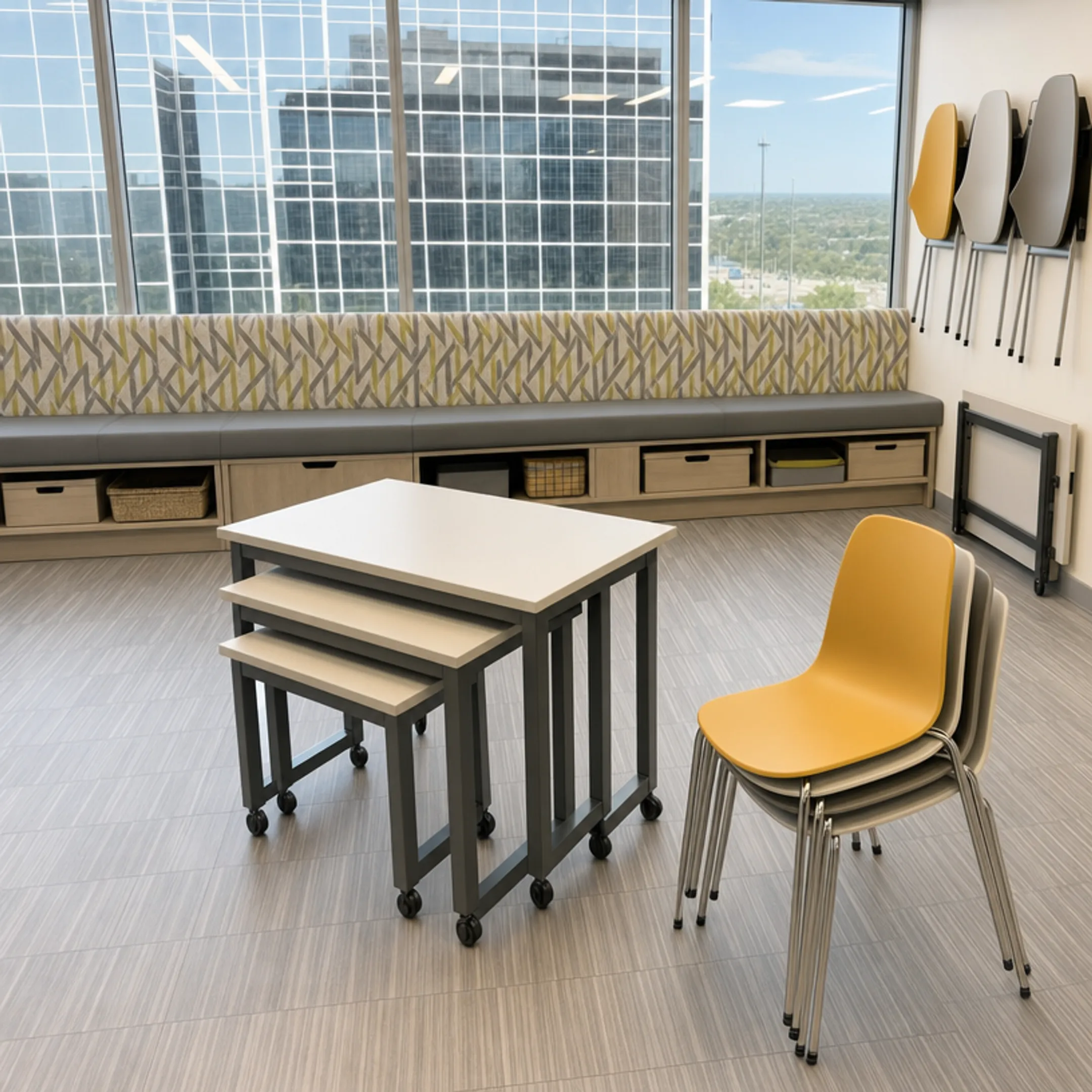 Compact multi-purpose break room furniture with stackable chairs and nesting tables