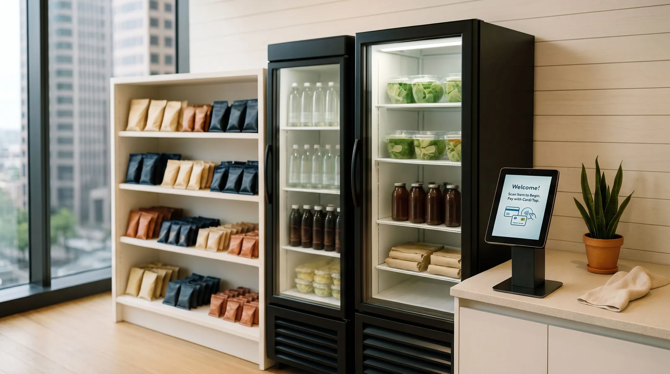 Modern micro-market break room with open shelving and self-checkout kiosk