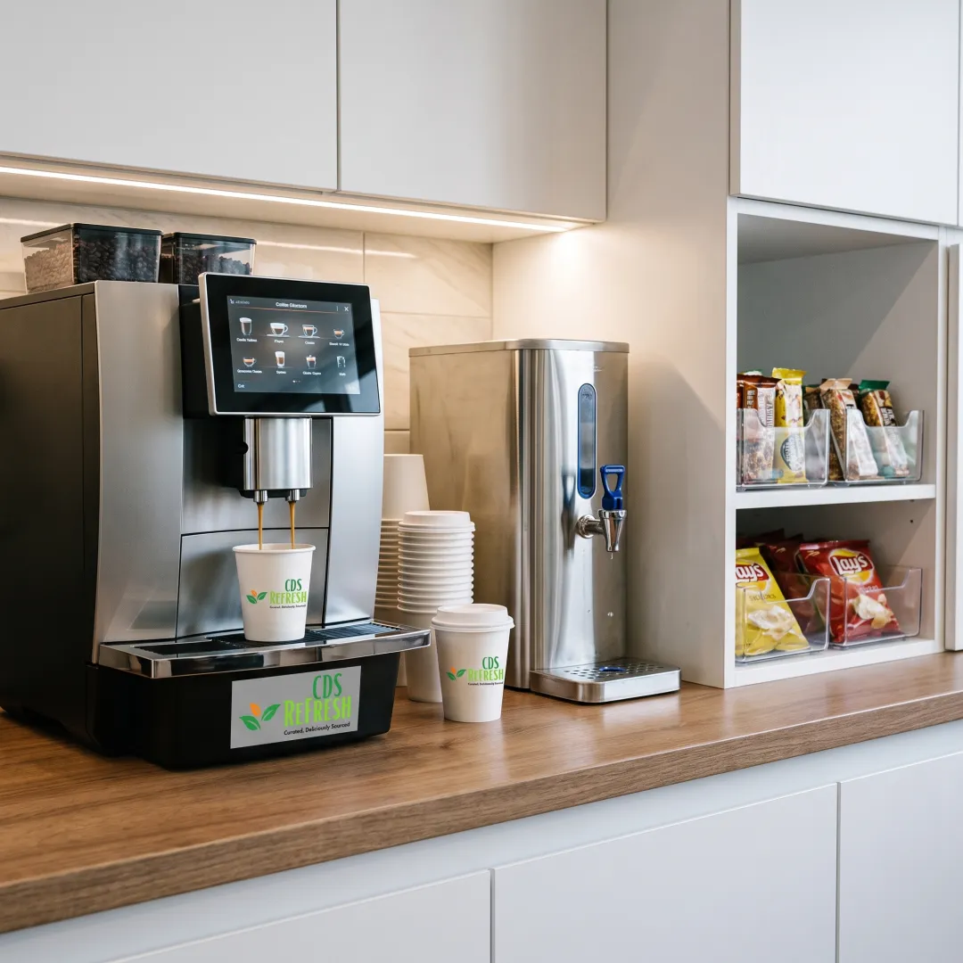 Premium office coffee station with snacks and filtered water