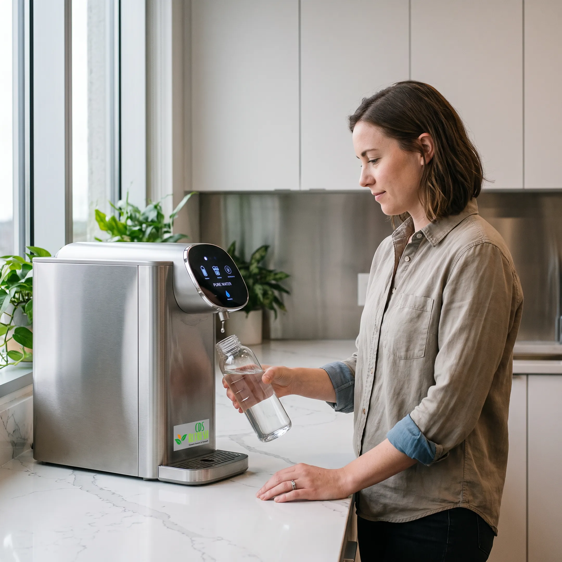 Employee using a filtered water dispenser