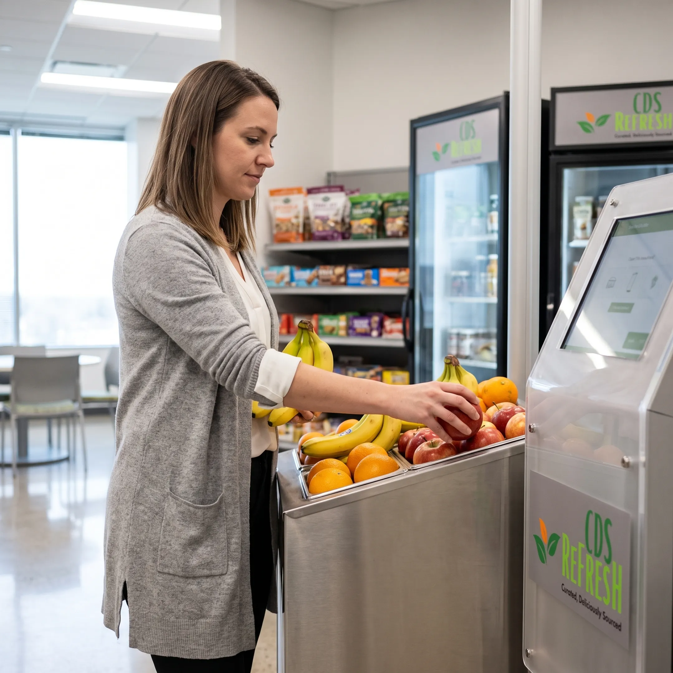 Employee selecting fresh fruit from workplace market