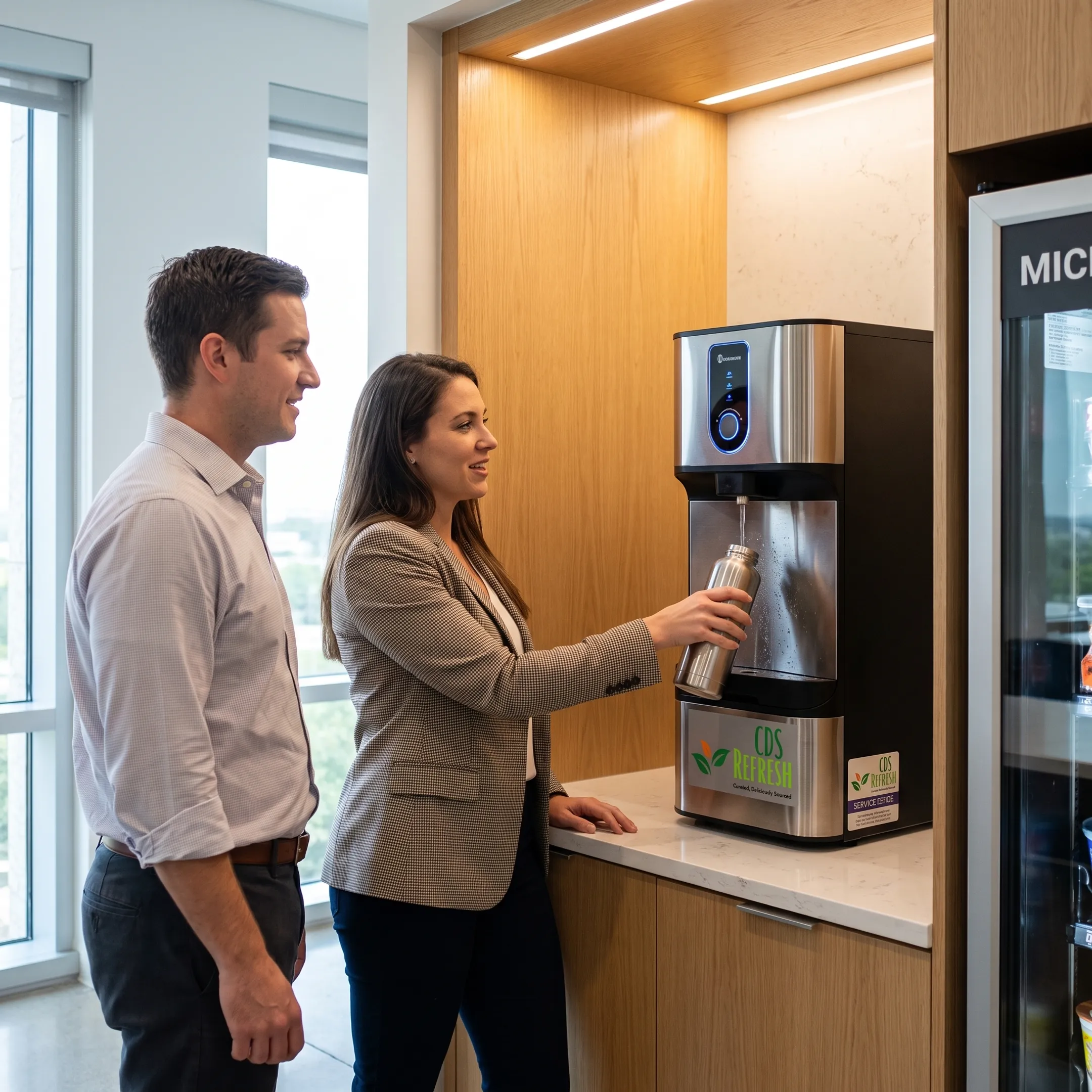 Employees using a filtered water dispenser
