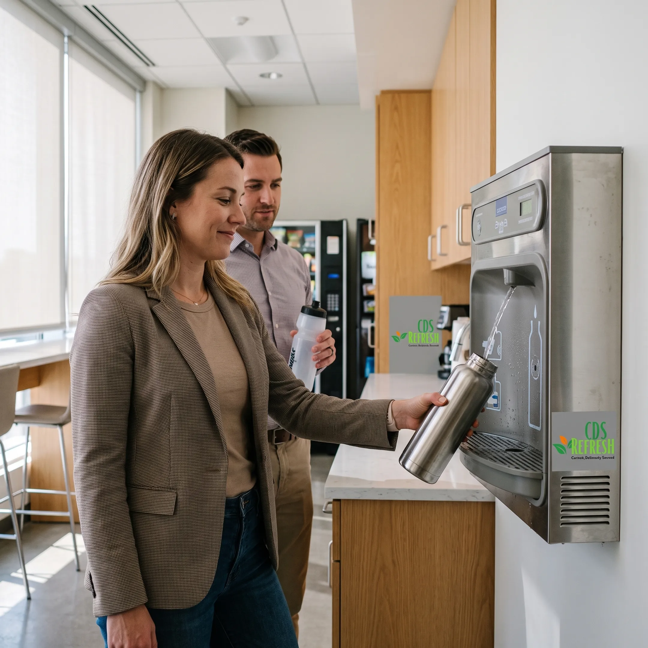 Employees using filtered water dispenser
