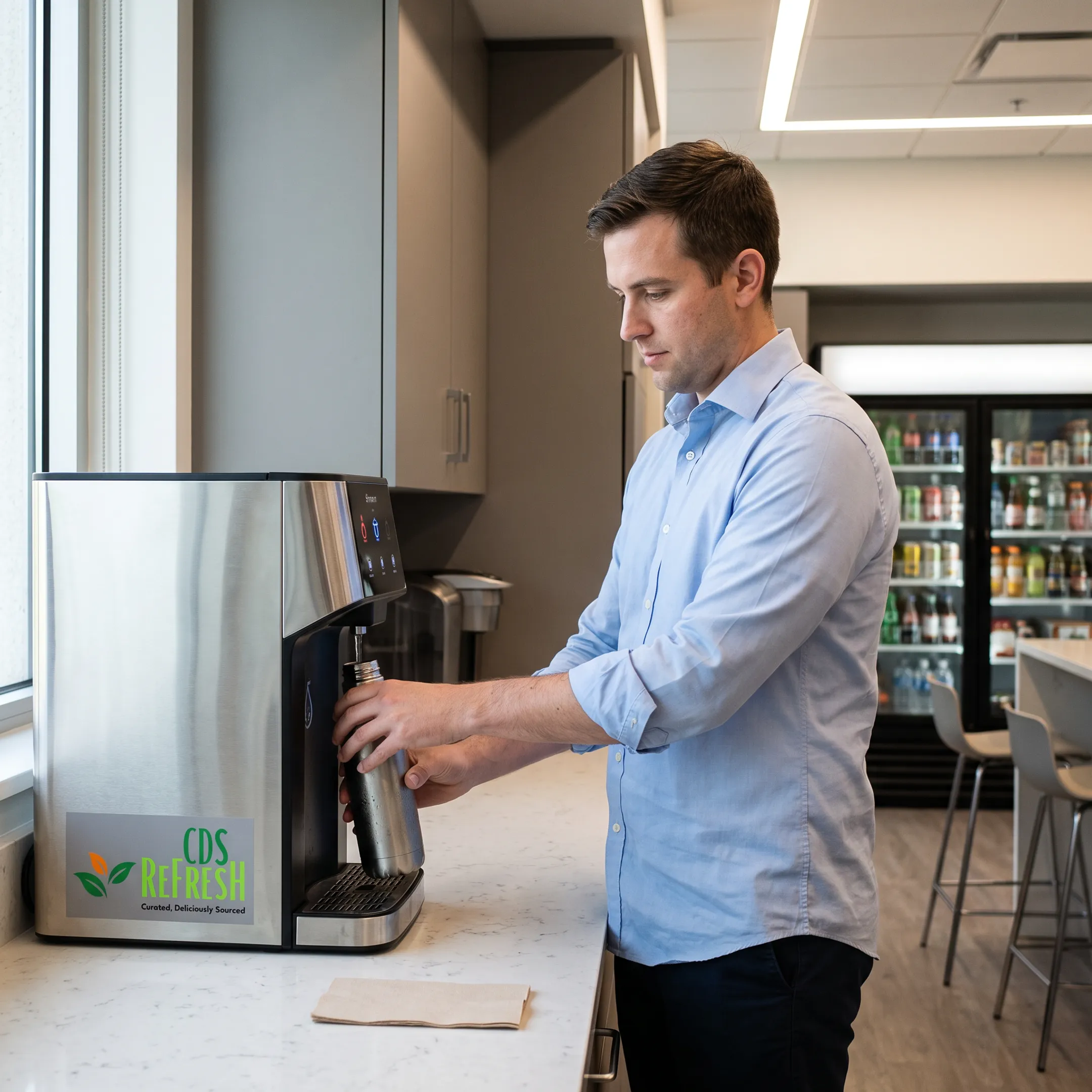 Employee using an office water filtration dispenser