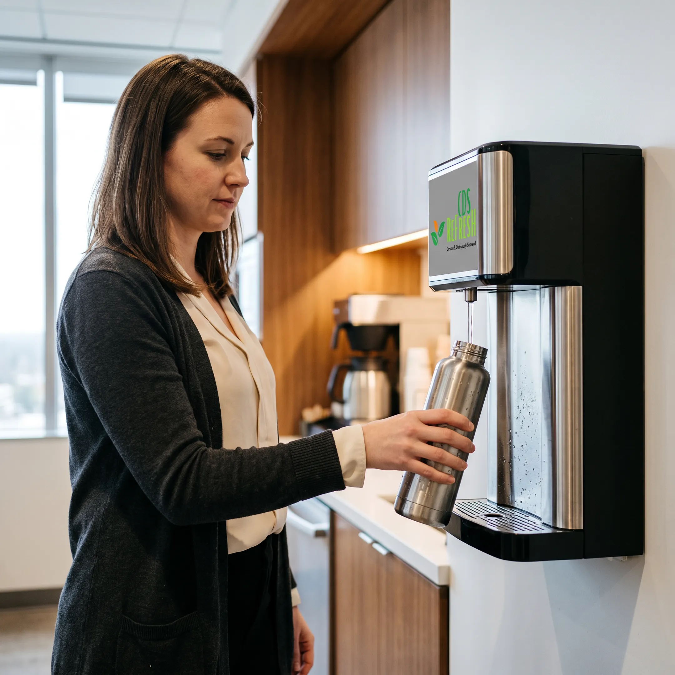 Employee filling a reusable bottle with filtered water