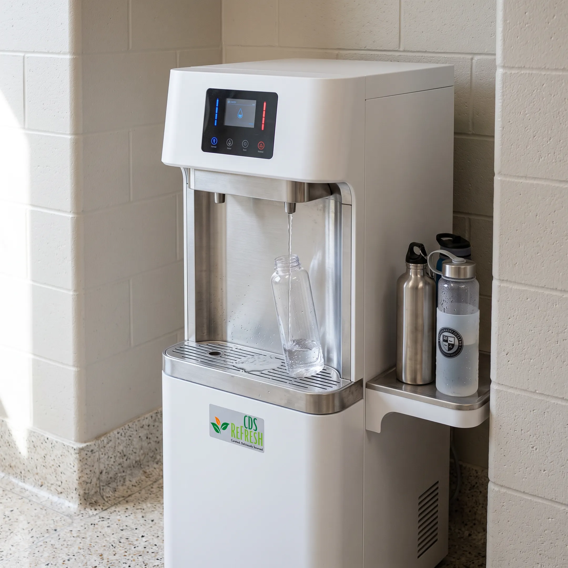 Filtered water dispenser in a school common area