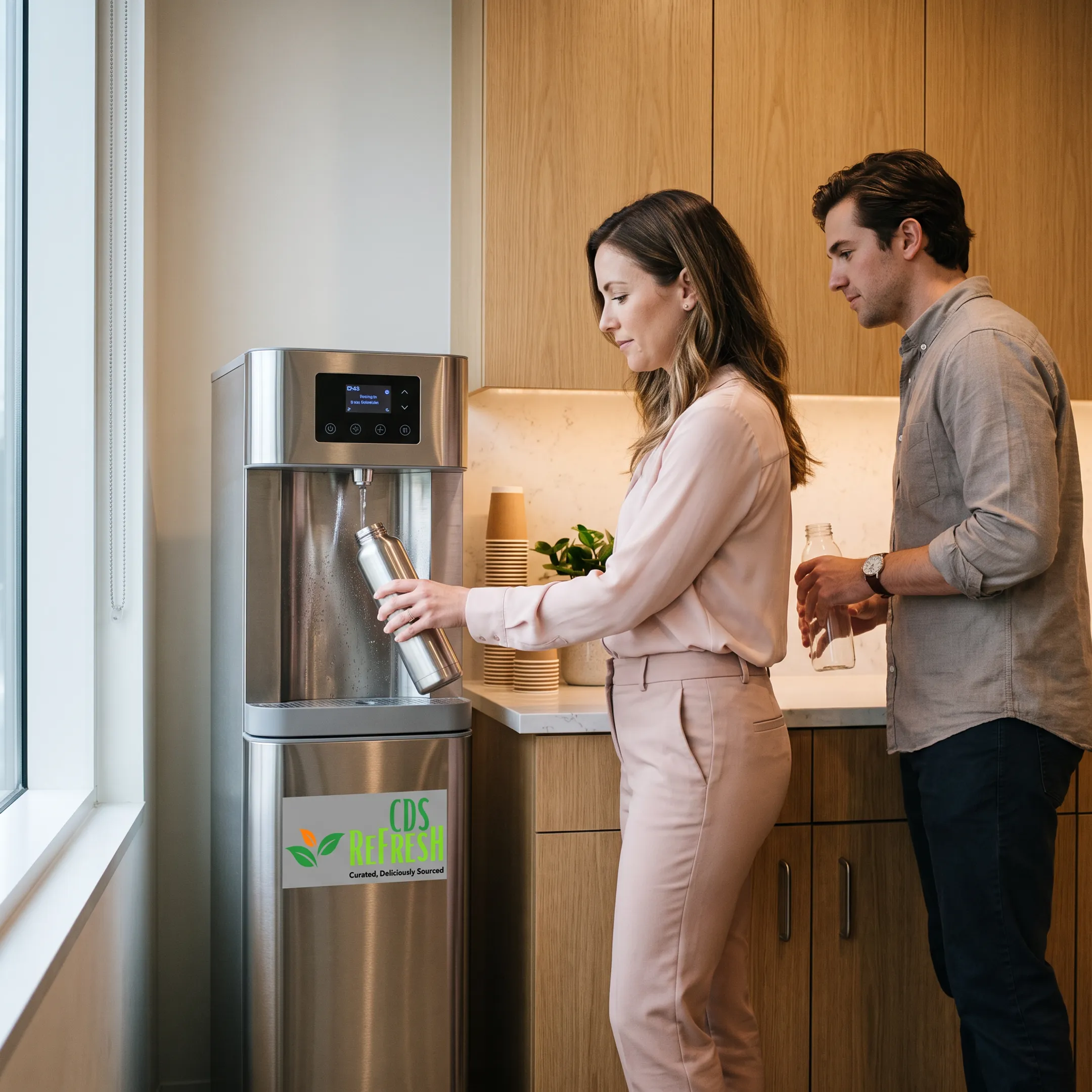 Employees using filtered water dispenser