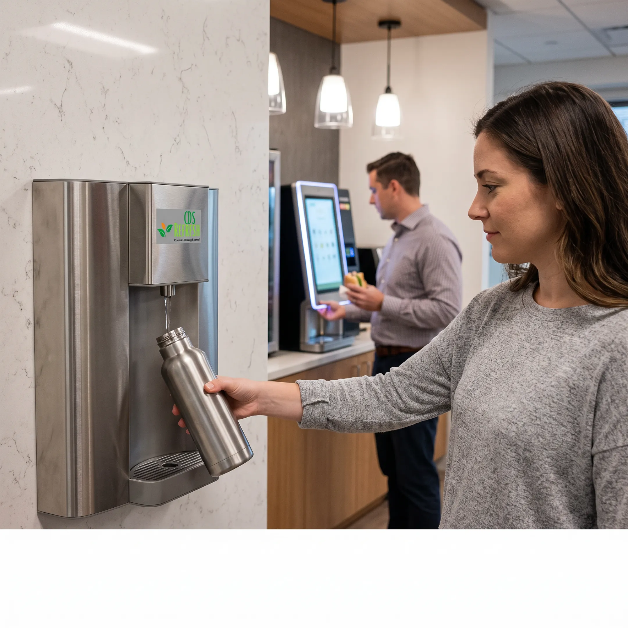 Employee filling a reusable bottle at an office water dispenser