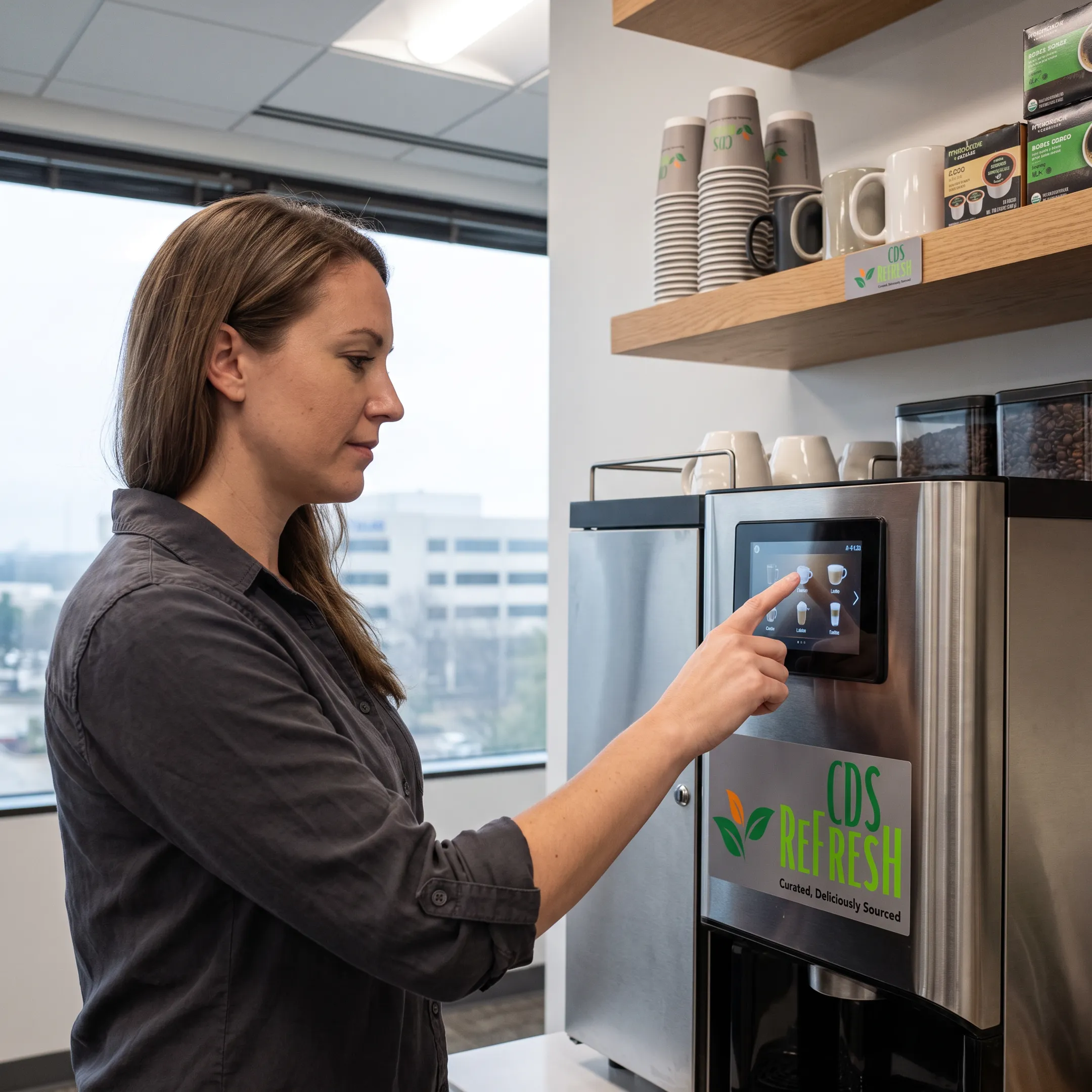 Employee using an office coffee brewer