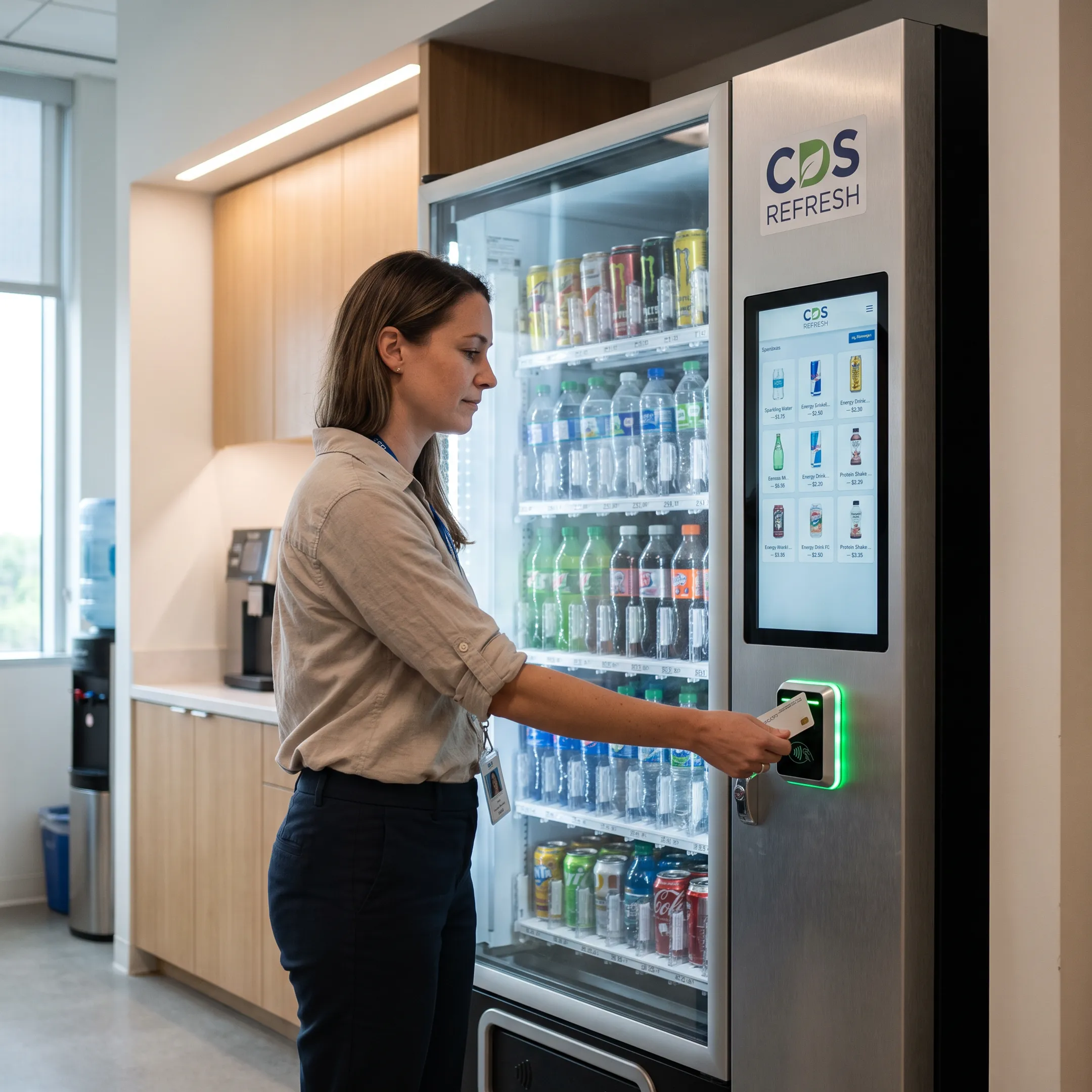 Employee using a cashless soda vending machine